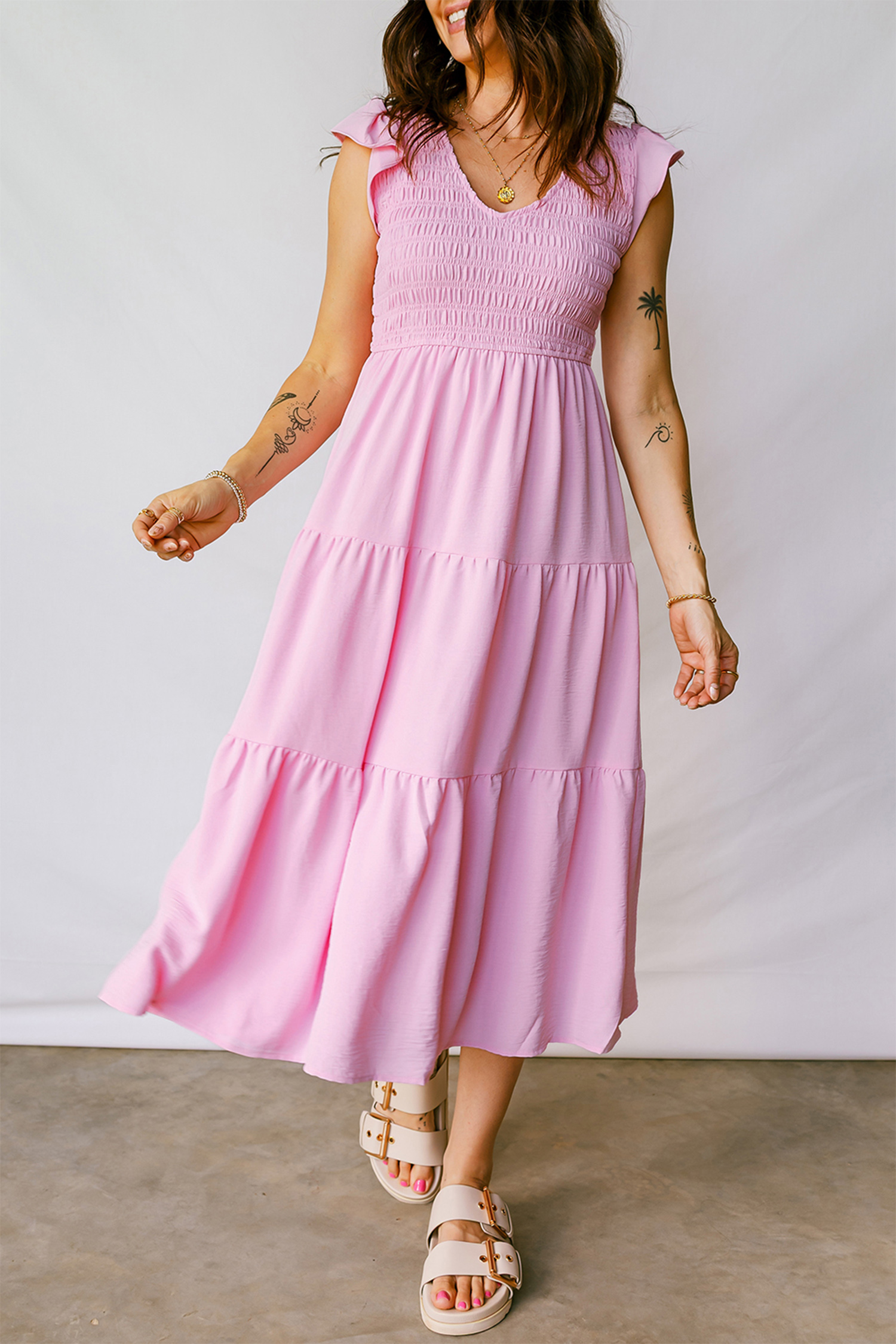 Pink Smocked Bodice Flutter Sleeve Fit Flare Tiered Midi Dress - loveforevers