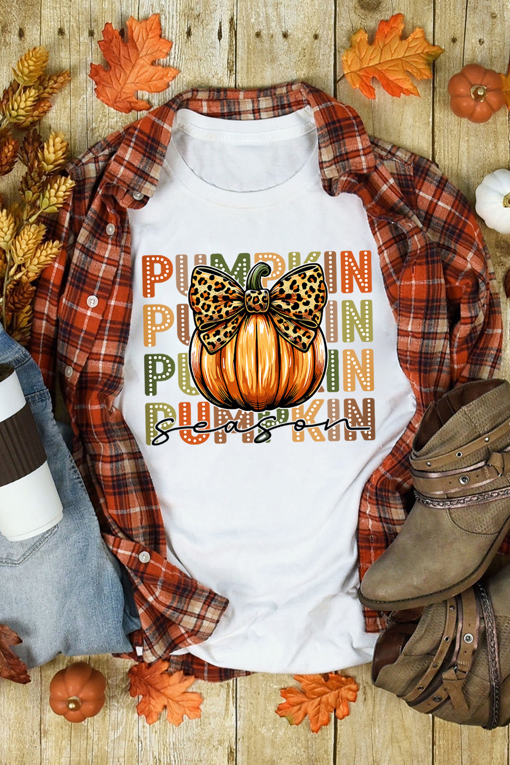 White PUMPKIN Season Leopard Bow Print Crew Neck T Shirt - loveforevers