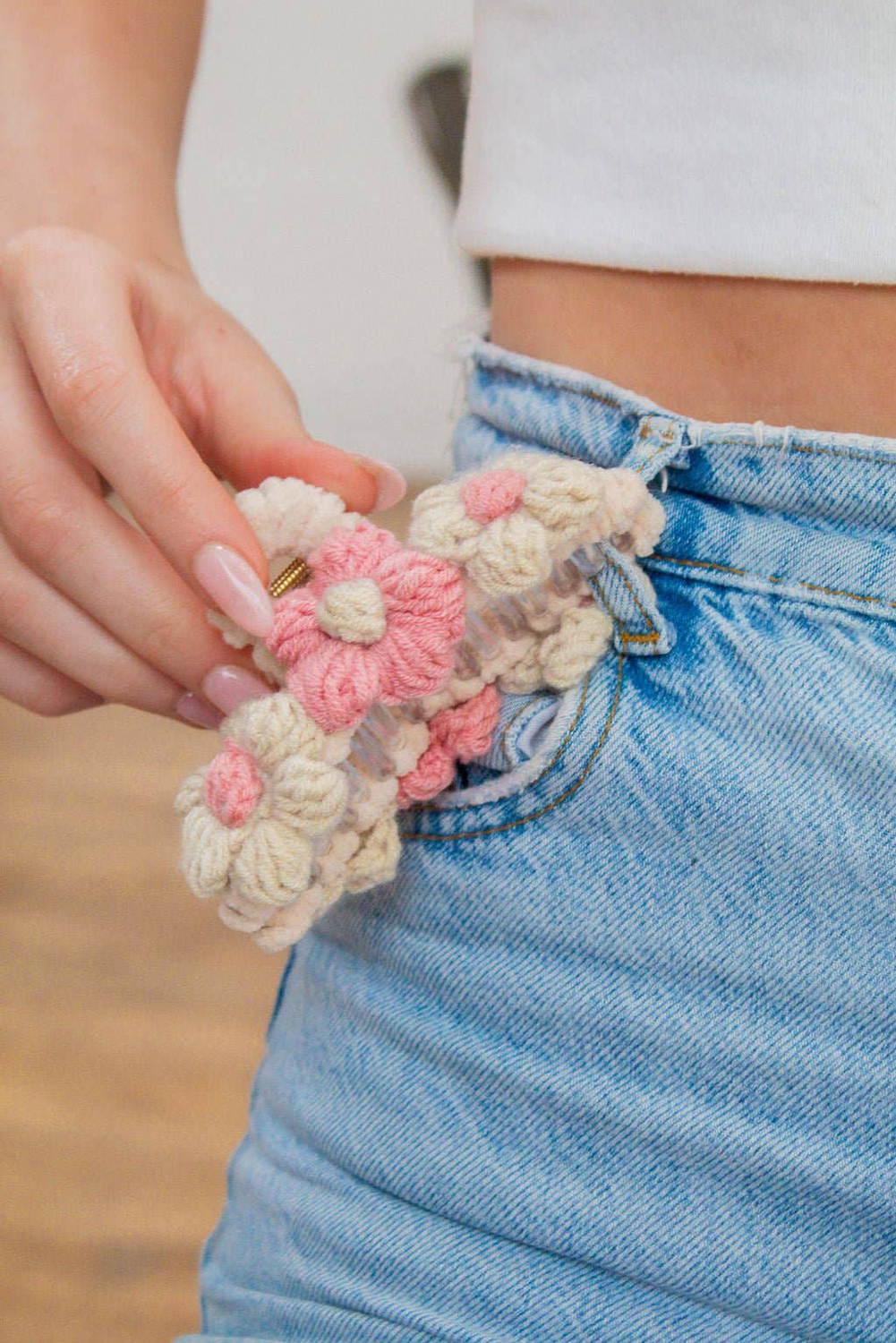 Pink Flower Crochet Cover Large Hair Claw Clip - loveforevers