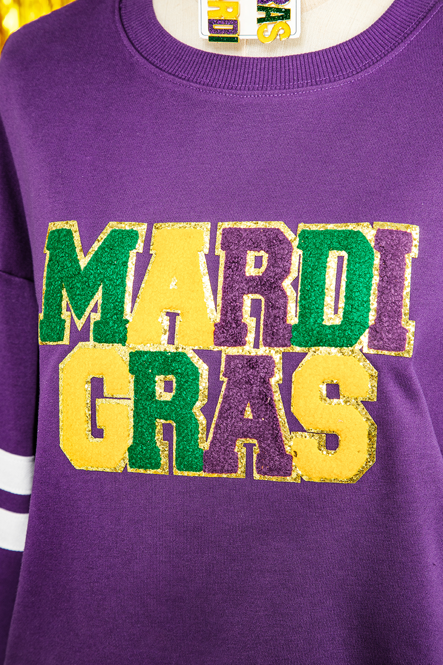 Tillandsia Purple Mardi Gras Patched Graphic Varsity Sweatshirt - loveforevers