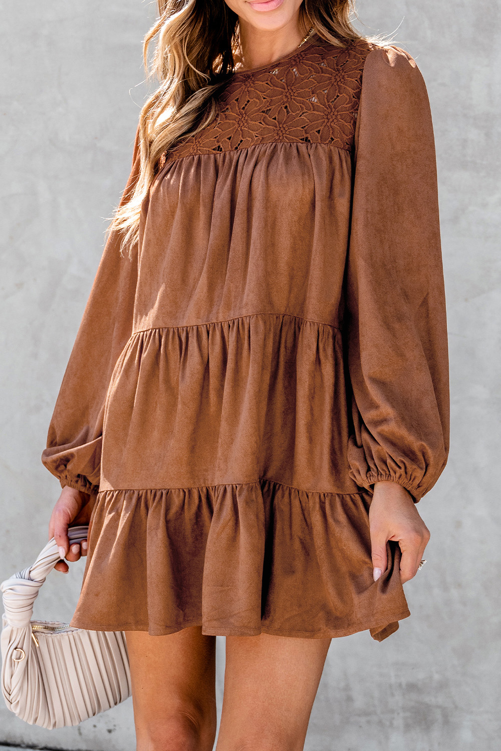 Chestnut Floral Lace Crochet Tiered Ruffled Mini Dress - loveforevers