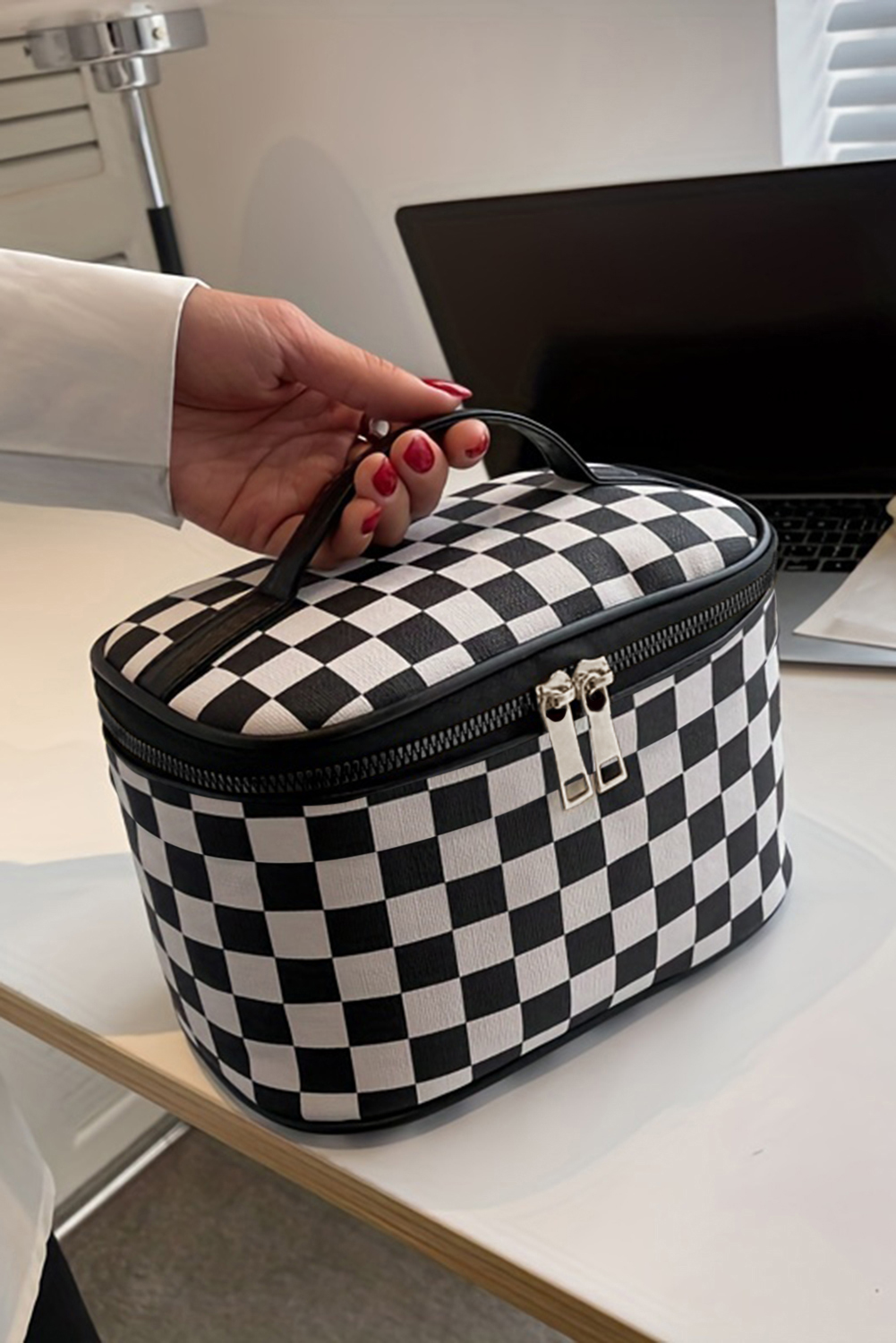 Black Checkered Zipper Large Cosmetic Bag with Handle - loveforevers