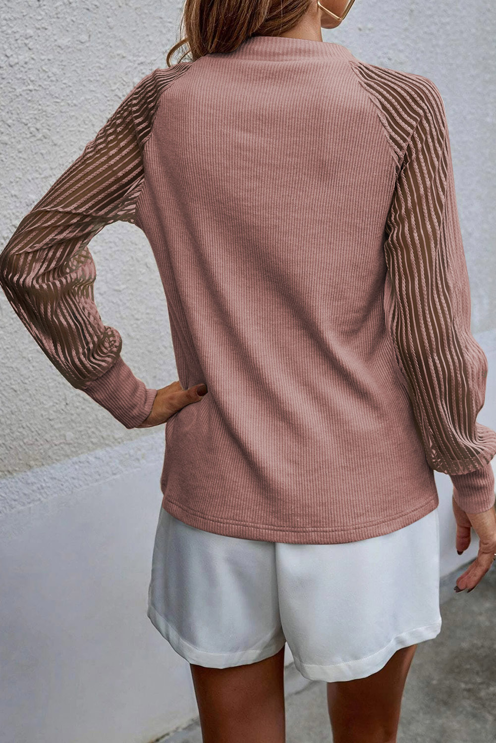 Gray Striped Mesh Long Sleeve Crewneck Ribbed Top - loveforevers