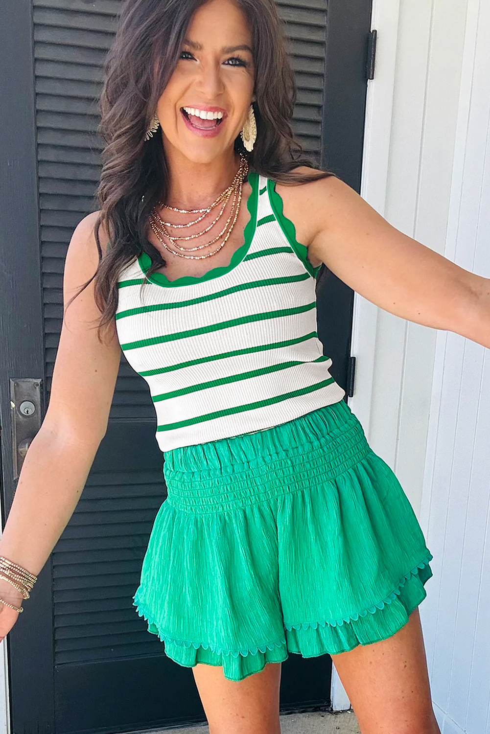 Bright Green Striped Scalloped Edge U Neck Sleeveless Sweater Vest - loveforevers