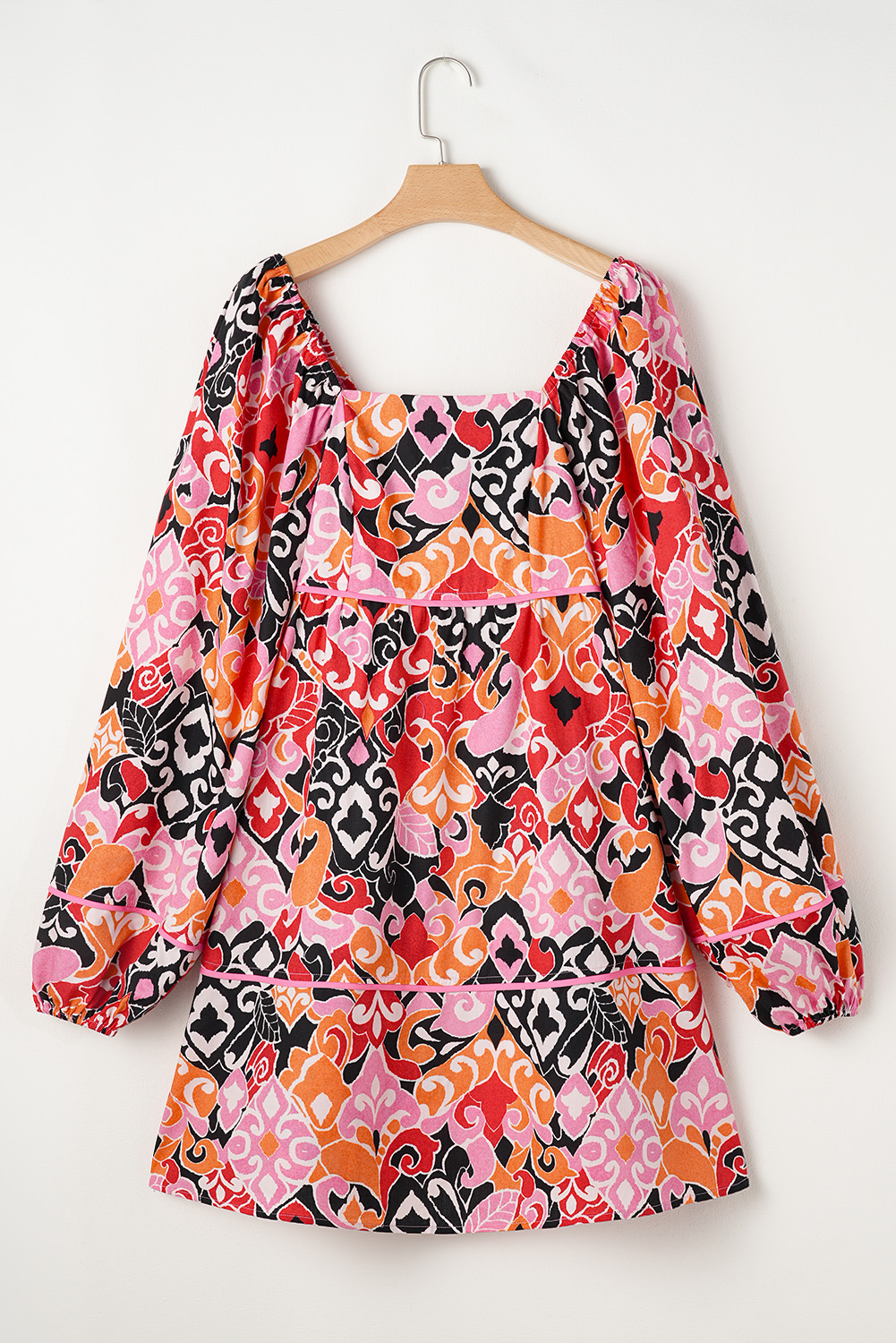 Pink Bohemian Square Neck Puff Sleeve Mini Dress - loveforevers