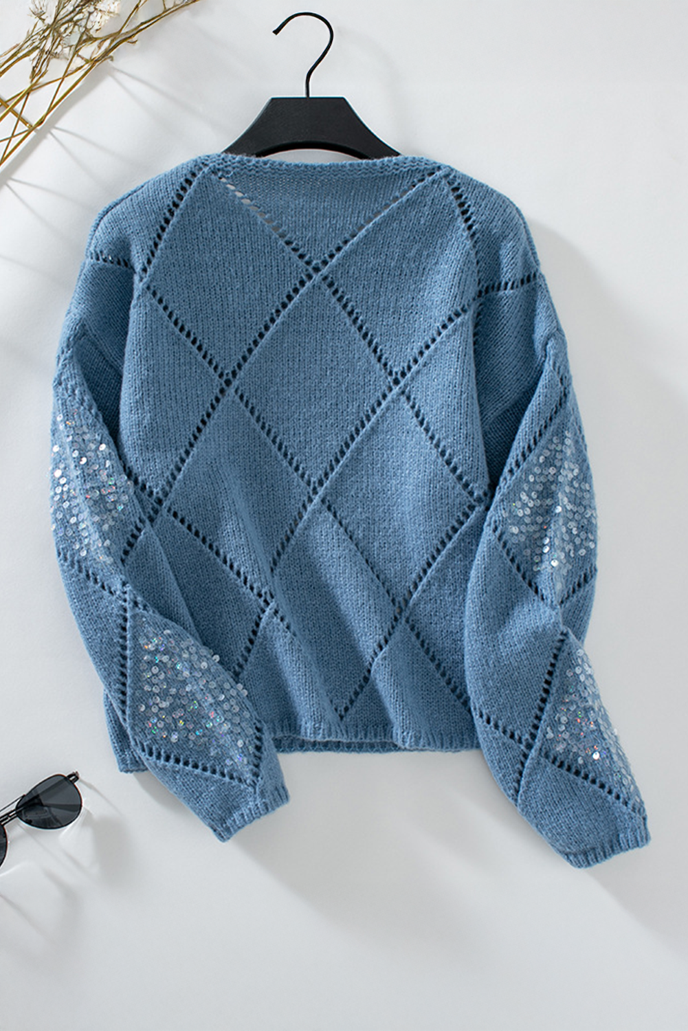 Dusk Blue Hollowed Rhombus Pattern Sequin Detail Round Neck Sweater - loveforevers