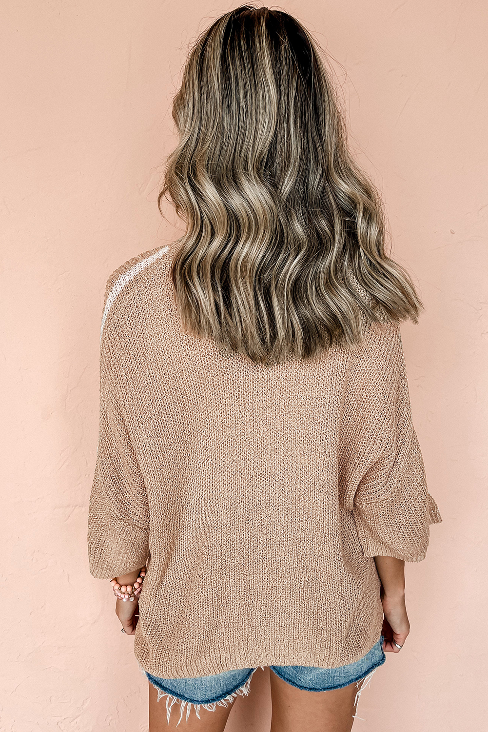 Light French Beige Contrast Striped 3/4 Sleeve Crew Neck Sweater - loveforevers