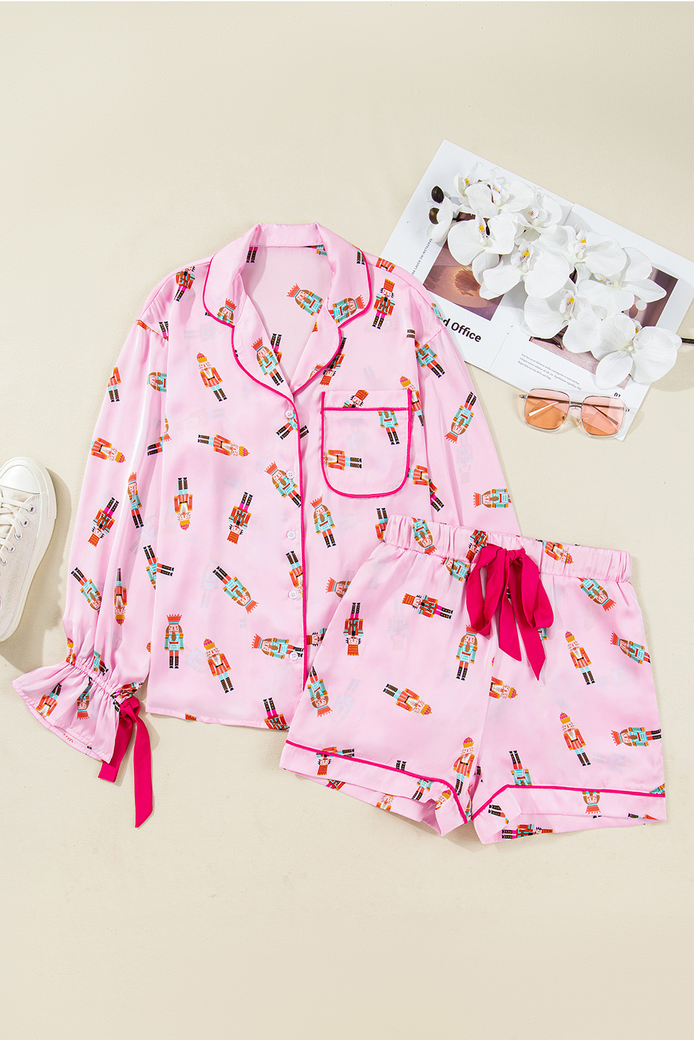 Pink Nutcracker Print Contrast Trim Tied up Bow Silky 2pcs Pajama Set - loveforevers