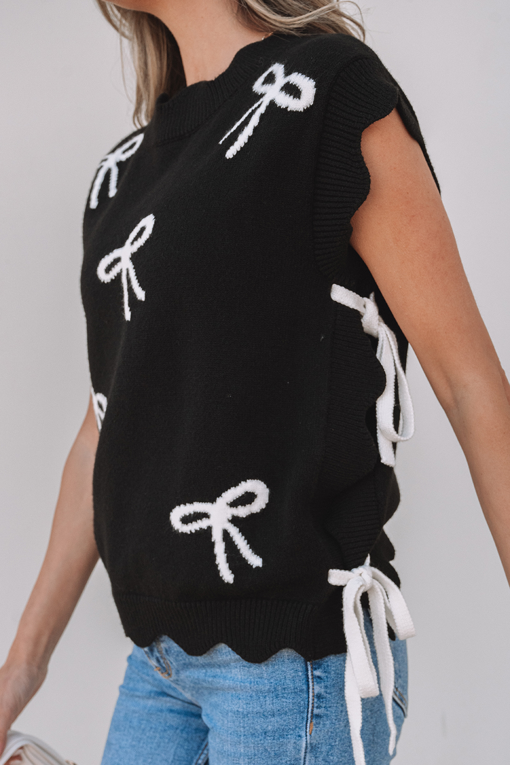 Black Bow Print Side Ties Scalloped Hem Sweater T Shirt - loveforevers