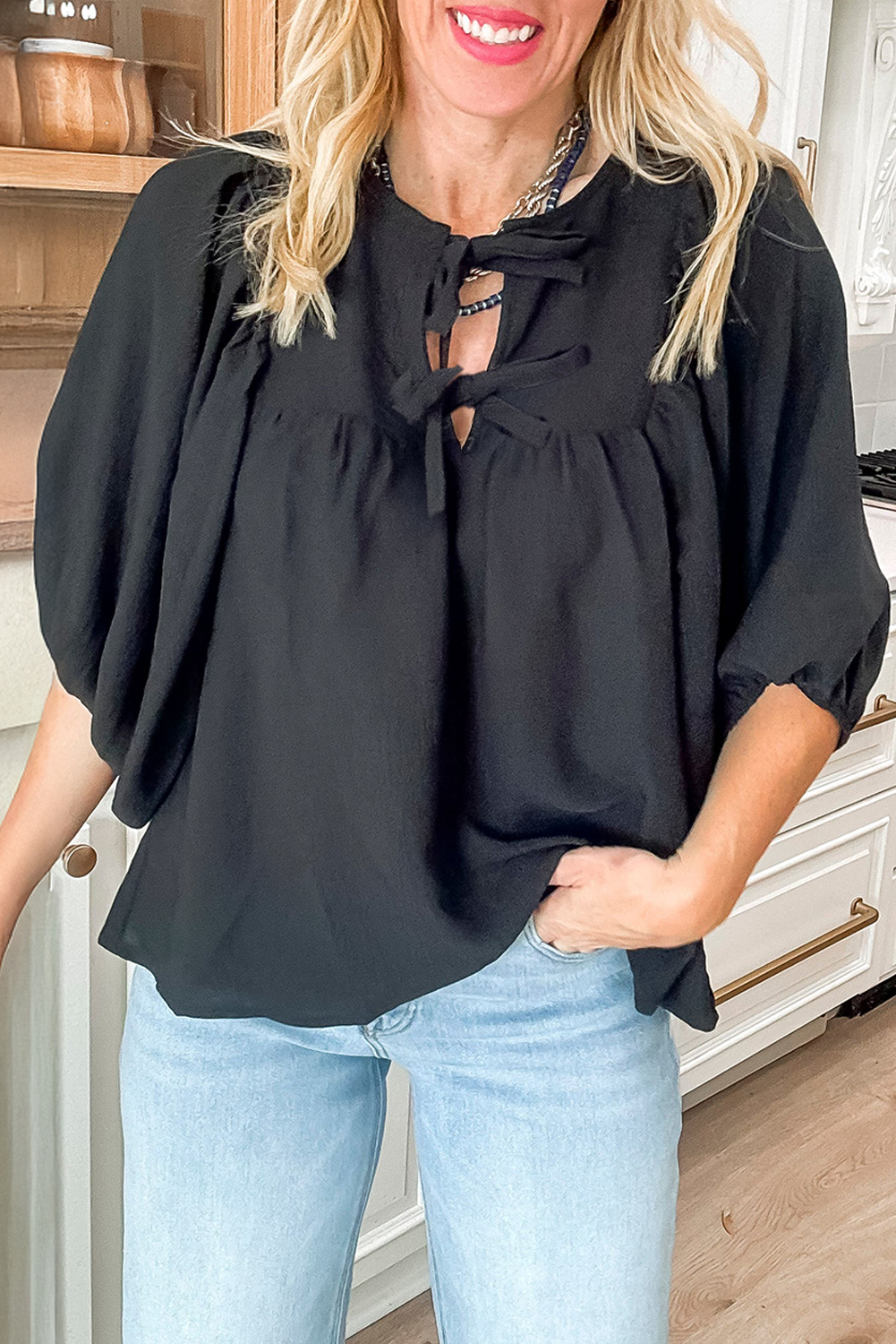 Black Bow Tie Neck 3/4 Sleeve Casual Blouse - loveforevers