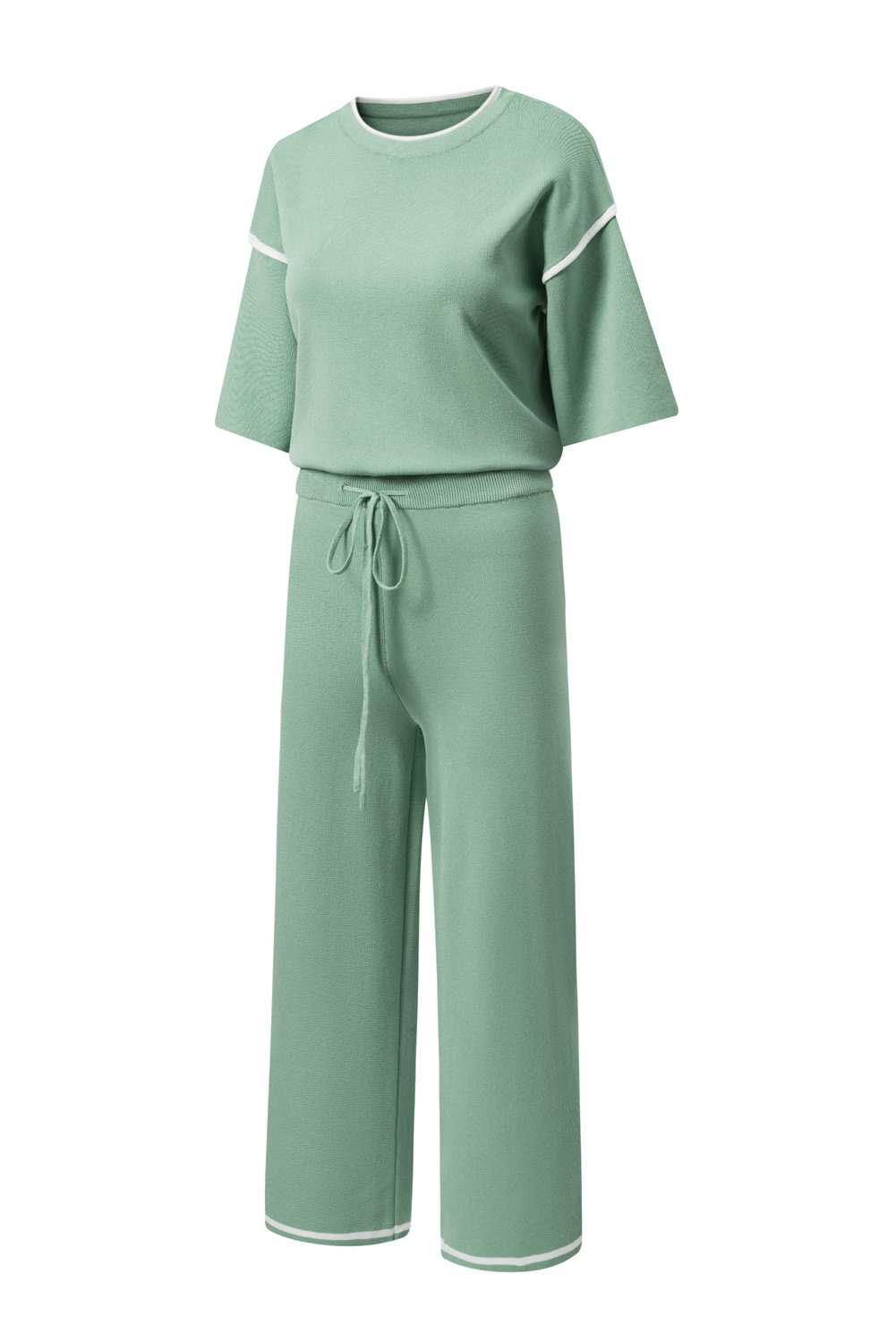 Blackish Green Contrast Trim Half Sleeve Top Drawstring Pants Loose 2pcs Sweater Suit - loveforevers