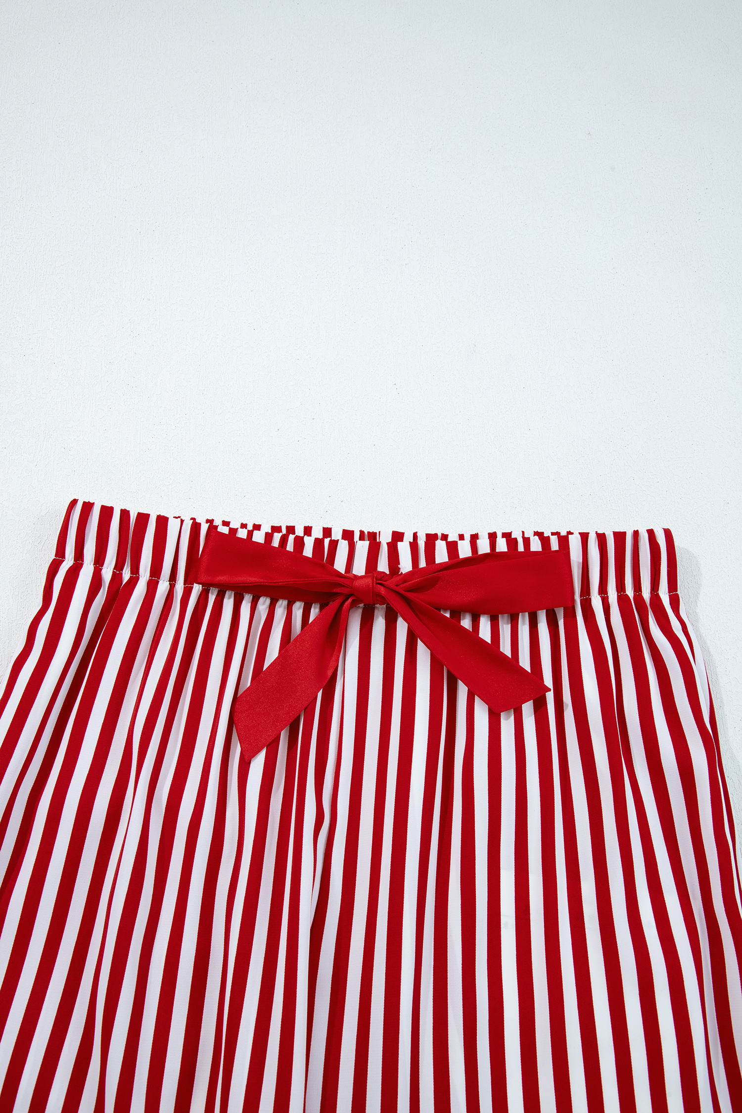 Red Stripe Contrast Velvet Trim Bow Knot Waist 2pcs Pajama Set - loveforevers