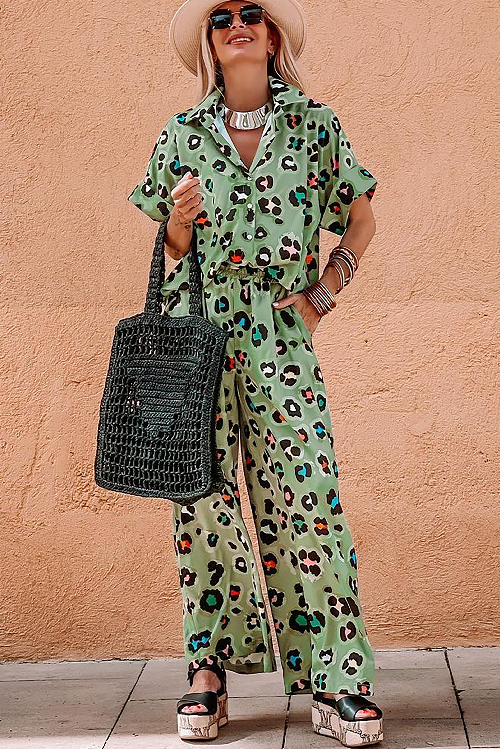 Green Leopard Print Short Sleeve Shirt and Wide Leg Pants Set - loveforevers