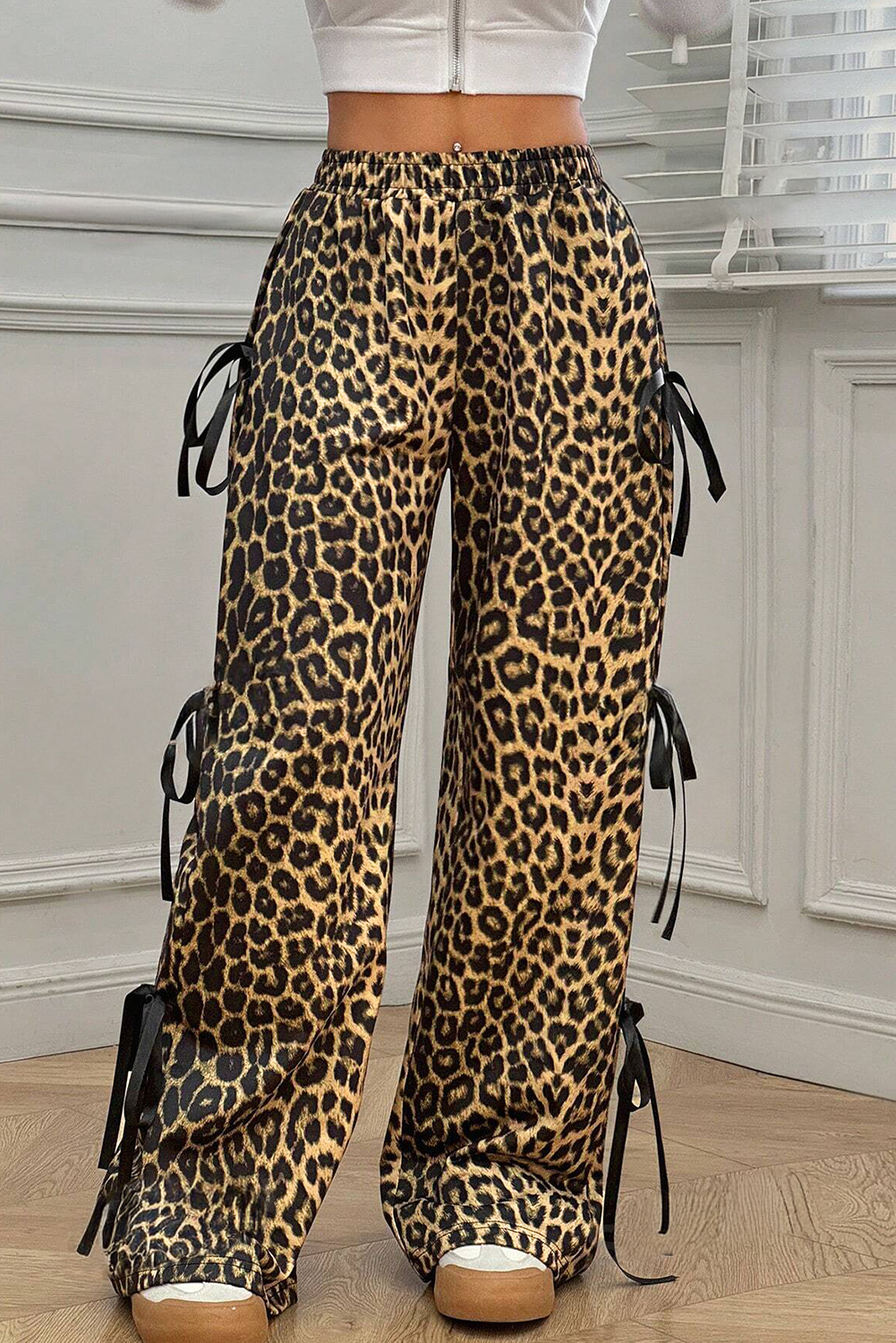 Brown Leopard Print Bow Tie Elastic Waistband Loose High Waist Pants - loveforevers
