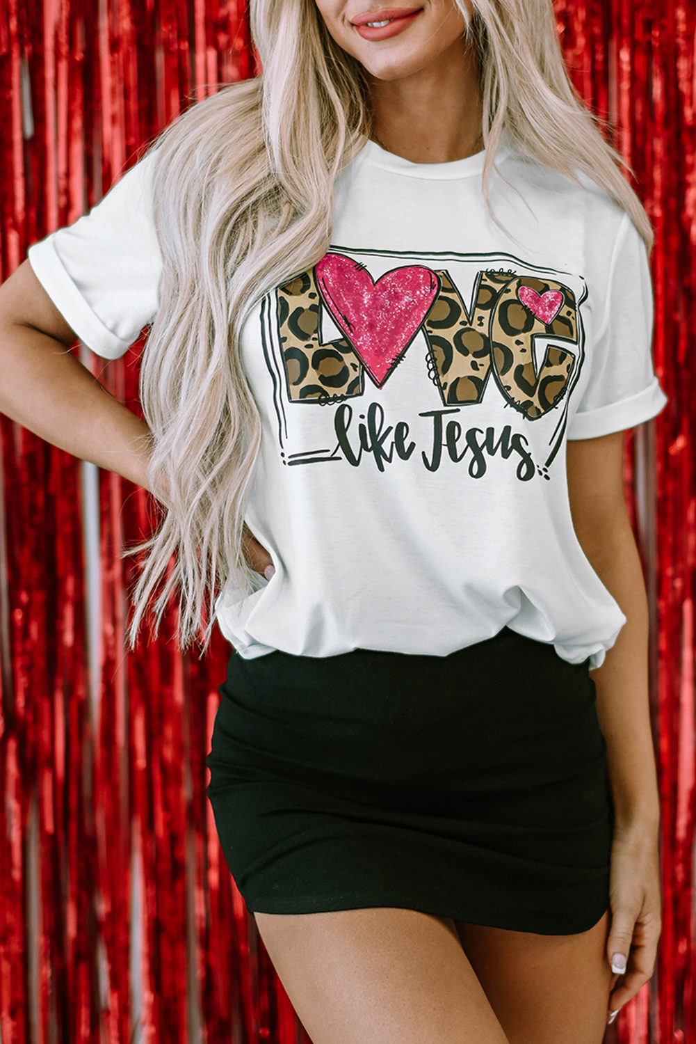 Red Leopard Striped Heart Shaped Print Crew Neck T Shirt - loveforevers