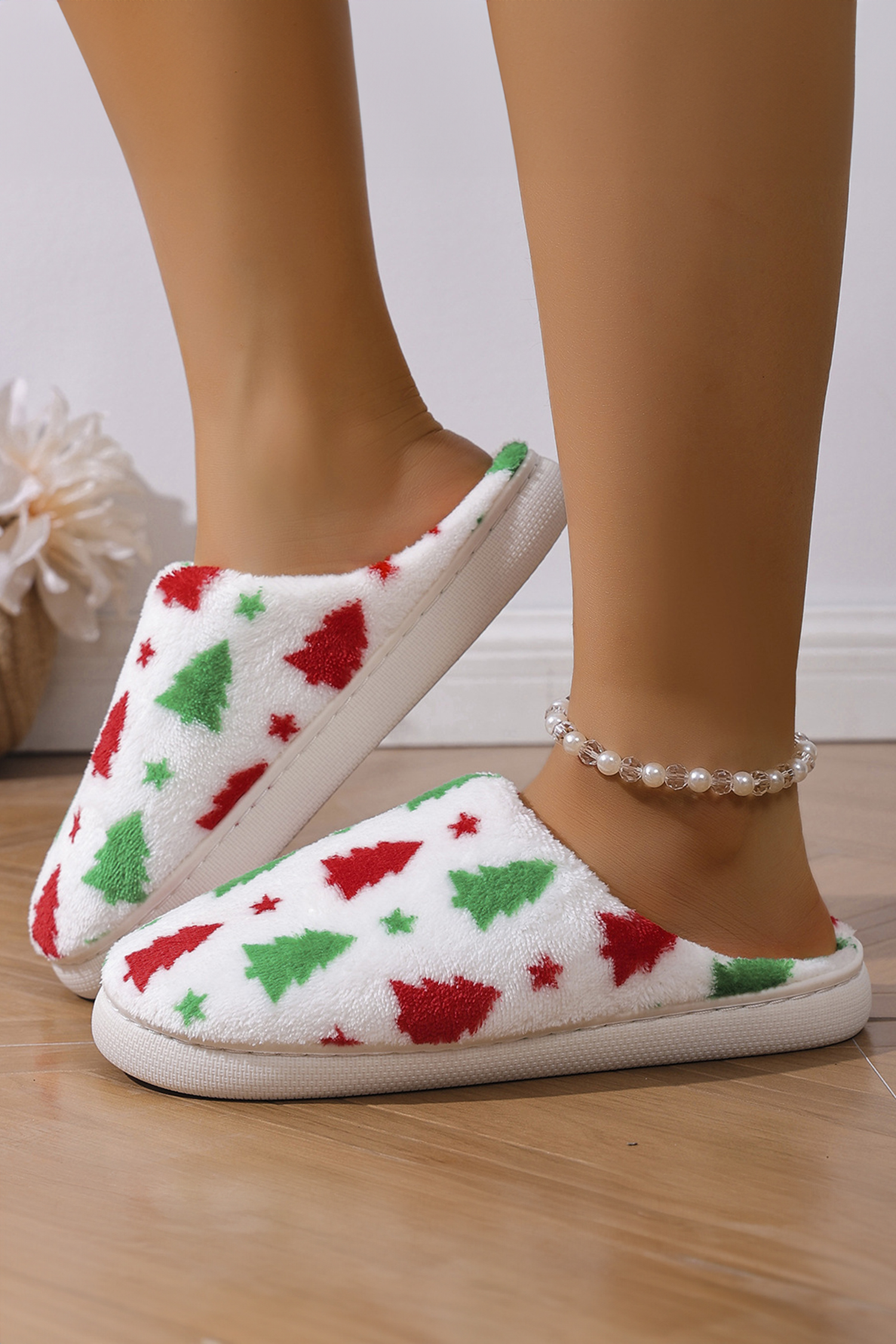 White Christmas Tree Star Printed Plush House Slippers - loveforevers