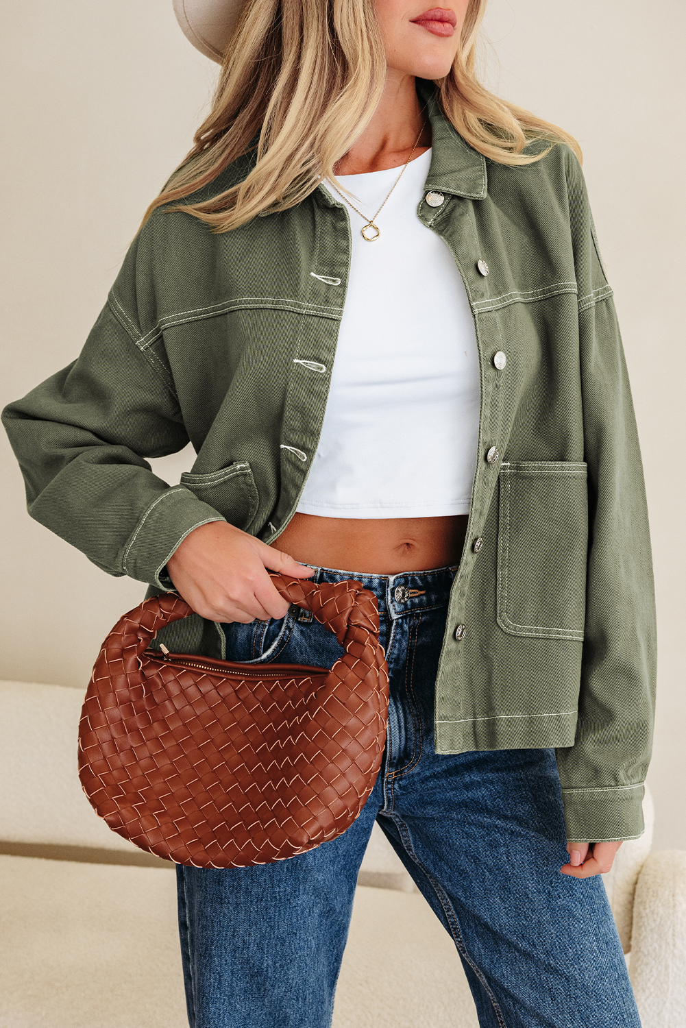 Smoke Green Patched Pocket Collared Button Front Boyfriend Denim Jacket - loveforevers