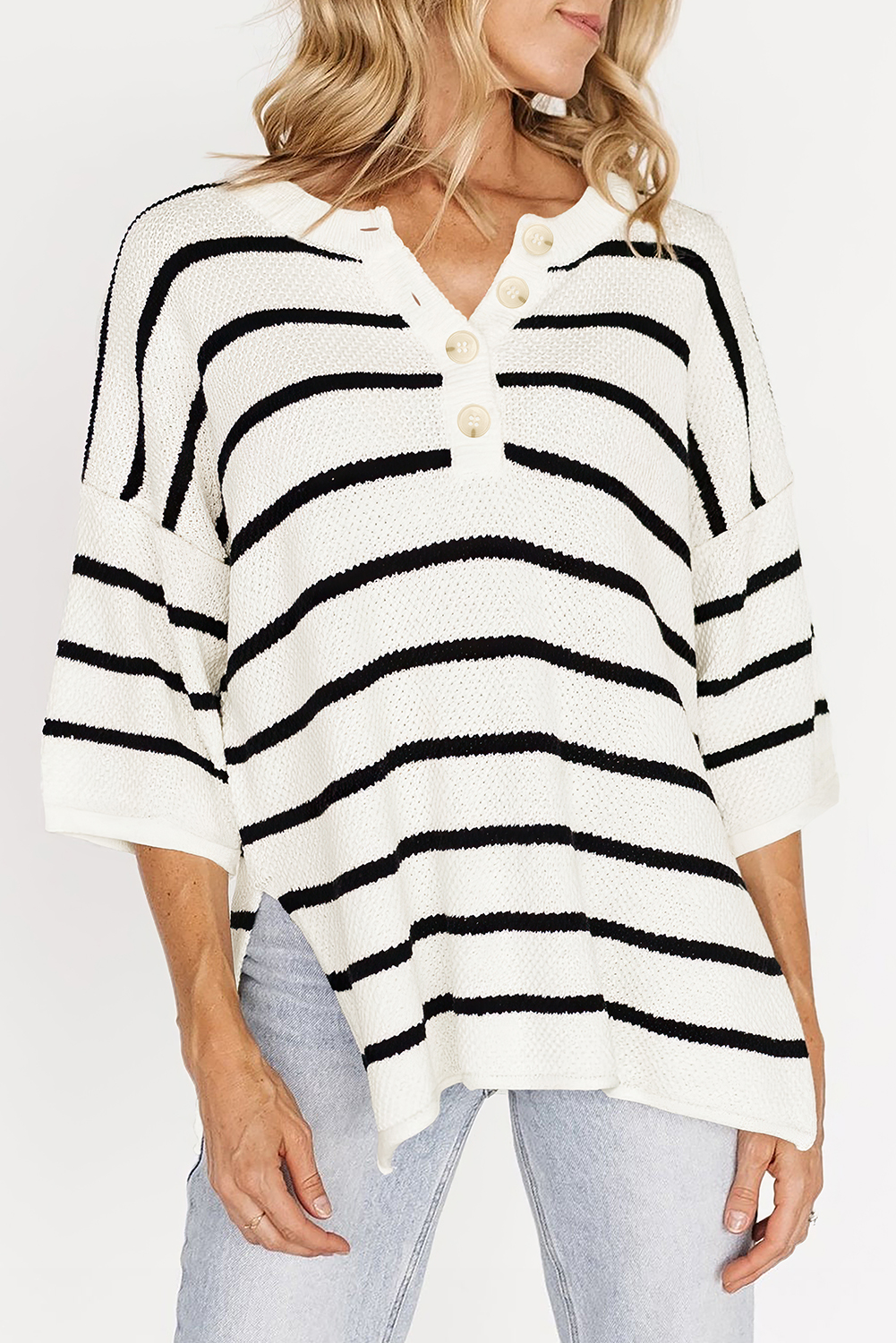 Black Stripe Henley Buttoned Placket Drop Shoulder Bracelet Sleeve Knit Sweater Tee - loveforevers