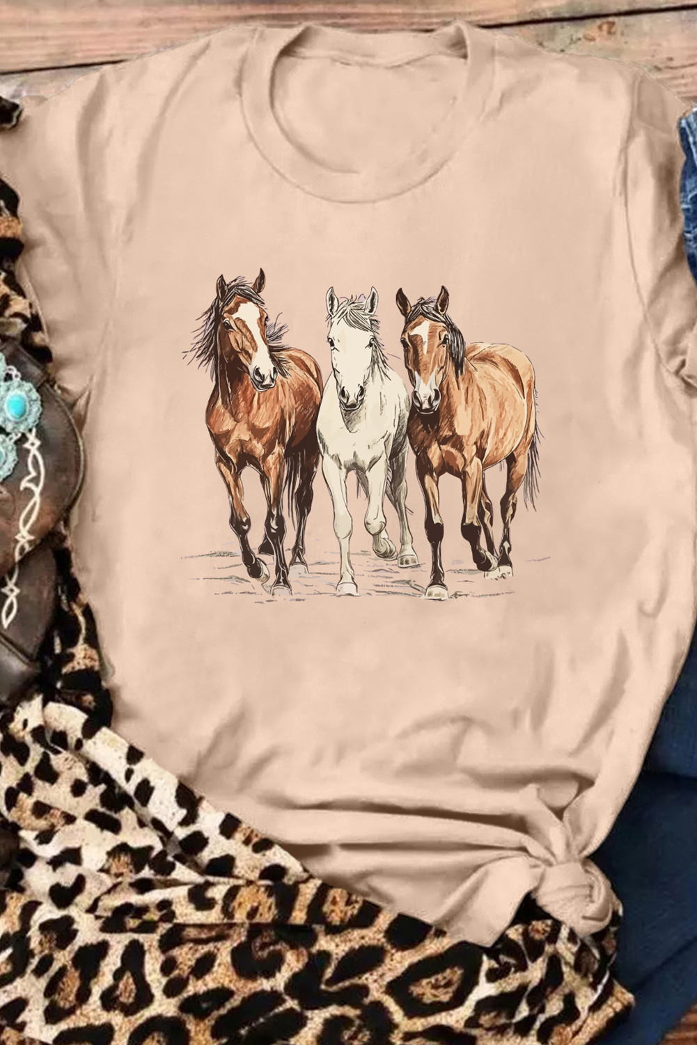 Khaki Gallant Horses Printed Casual T Shirt - loveforevers