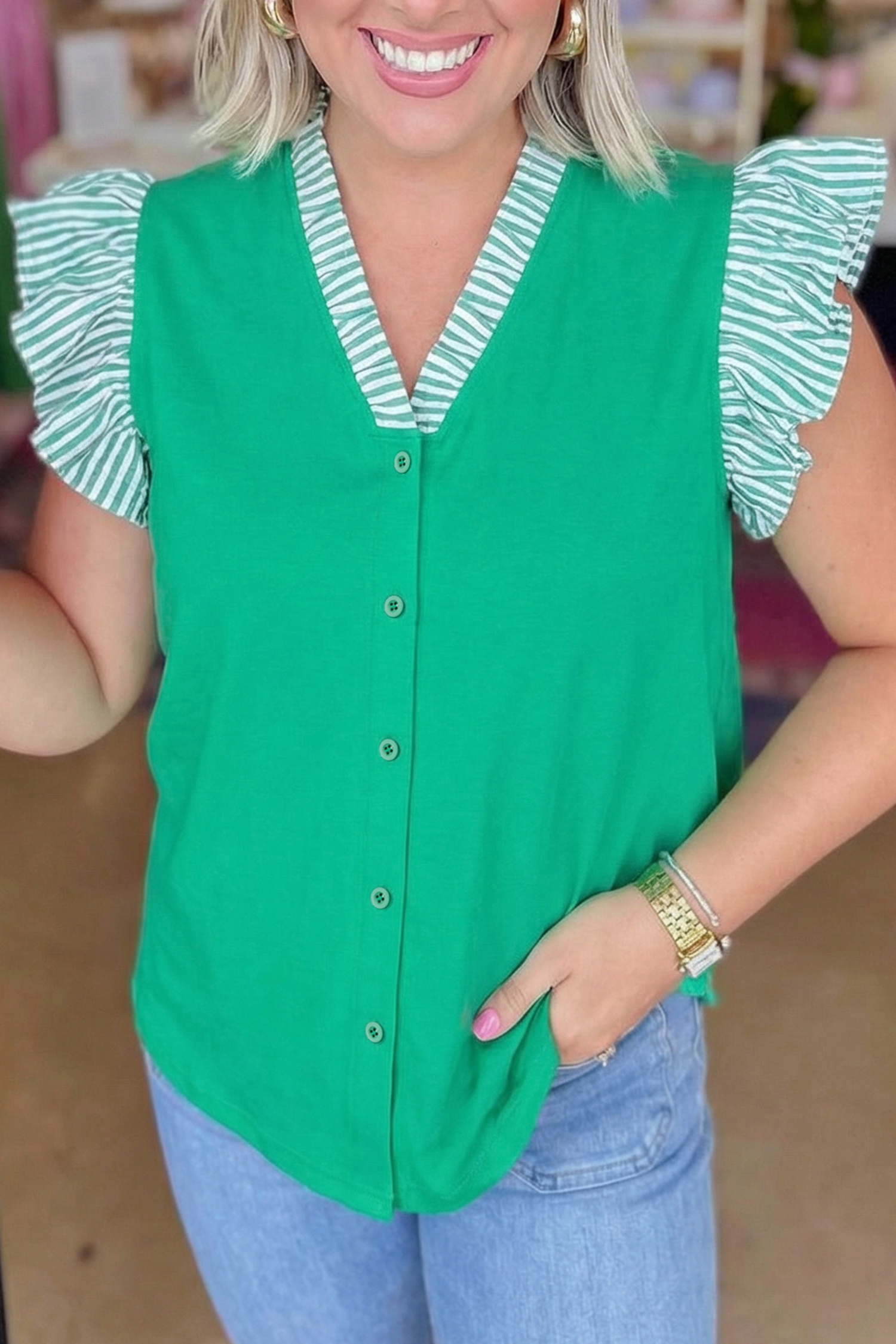Dark Green Plus Size Button Front Ruffled Stripe Trim V Neck Flutter Sleeve Blouse - loveforevers