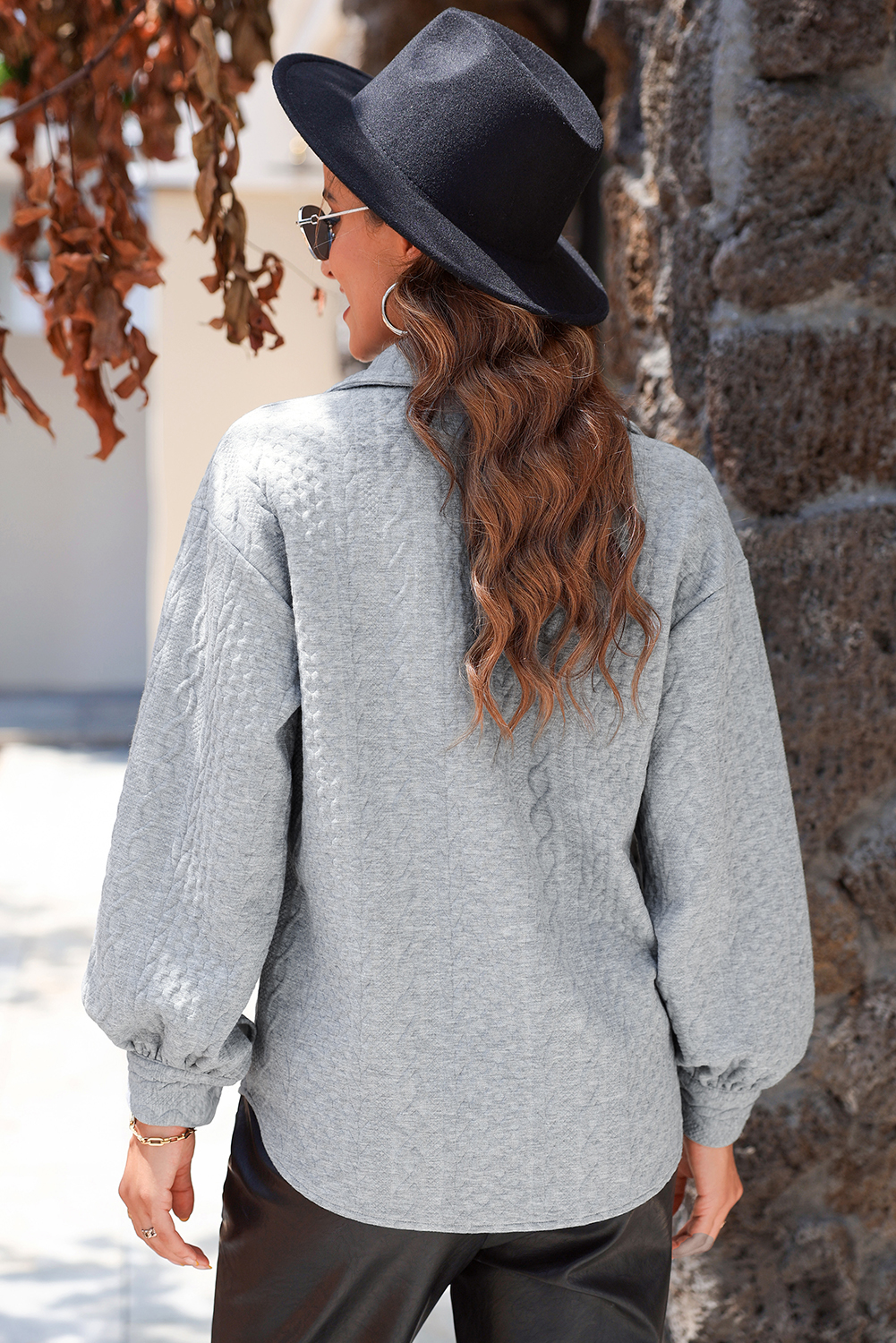 Sepia Rose Cable Texture Puff Sleeve Loose Shacket - loveforevers