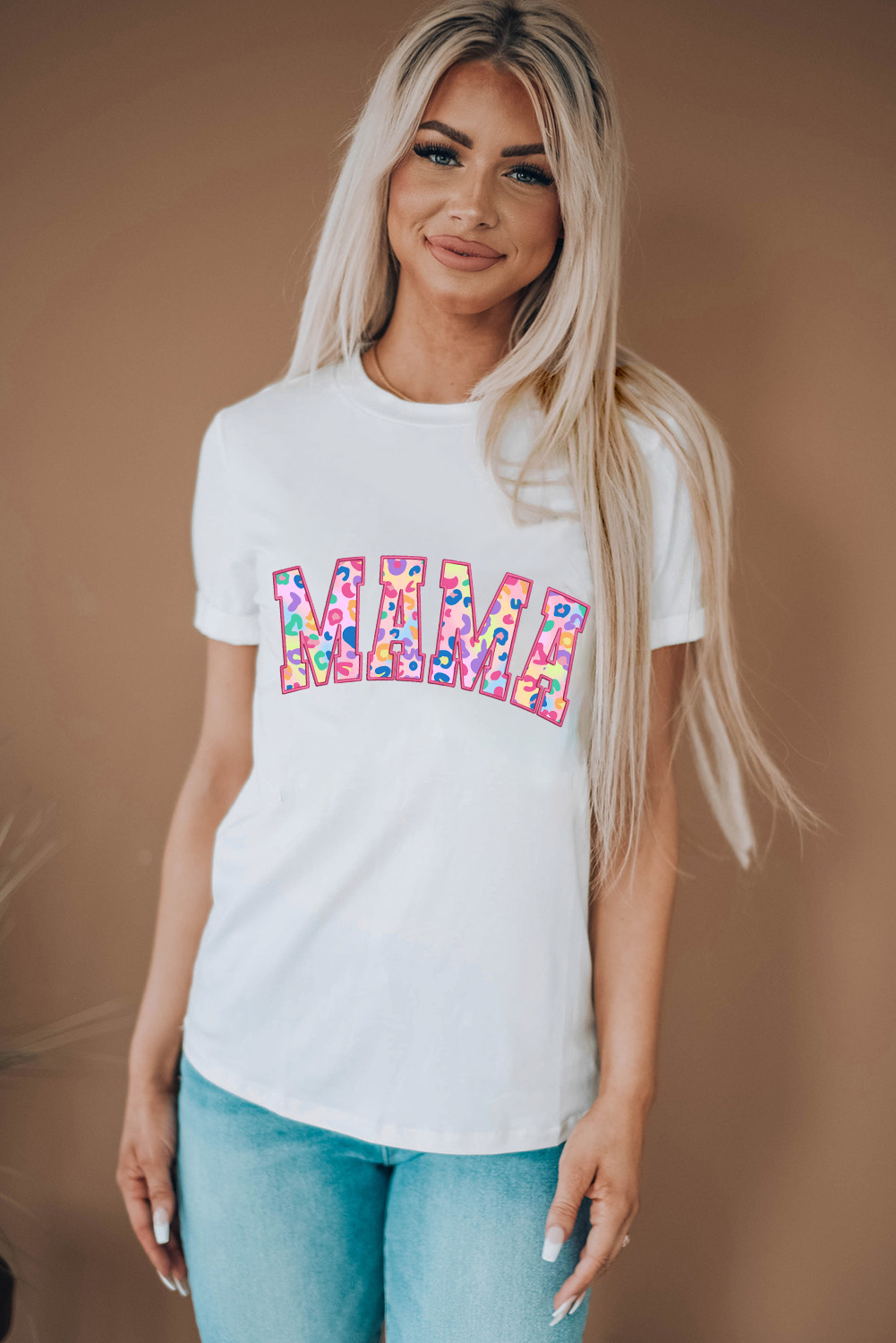White MAMA Leopard Embroidered Crew Neck Graphic Tee - loveforevers