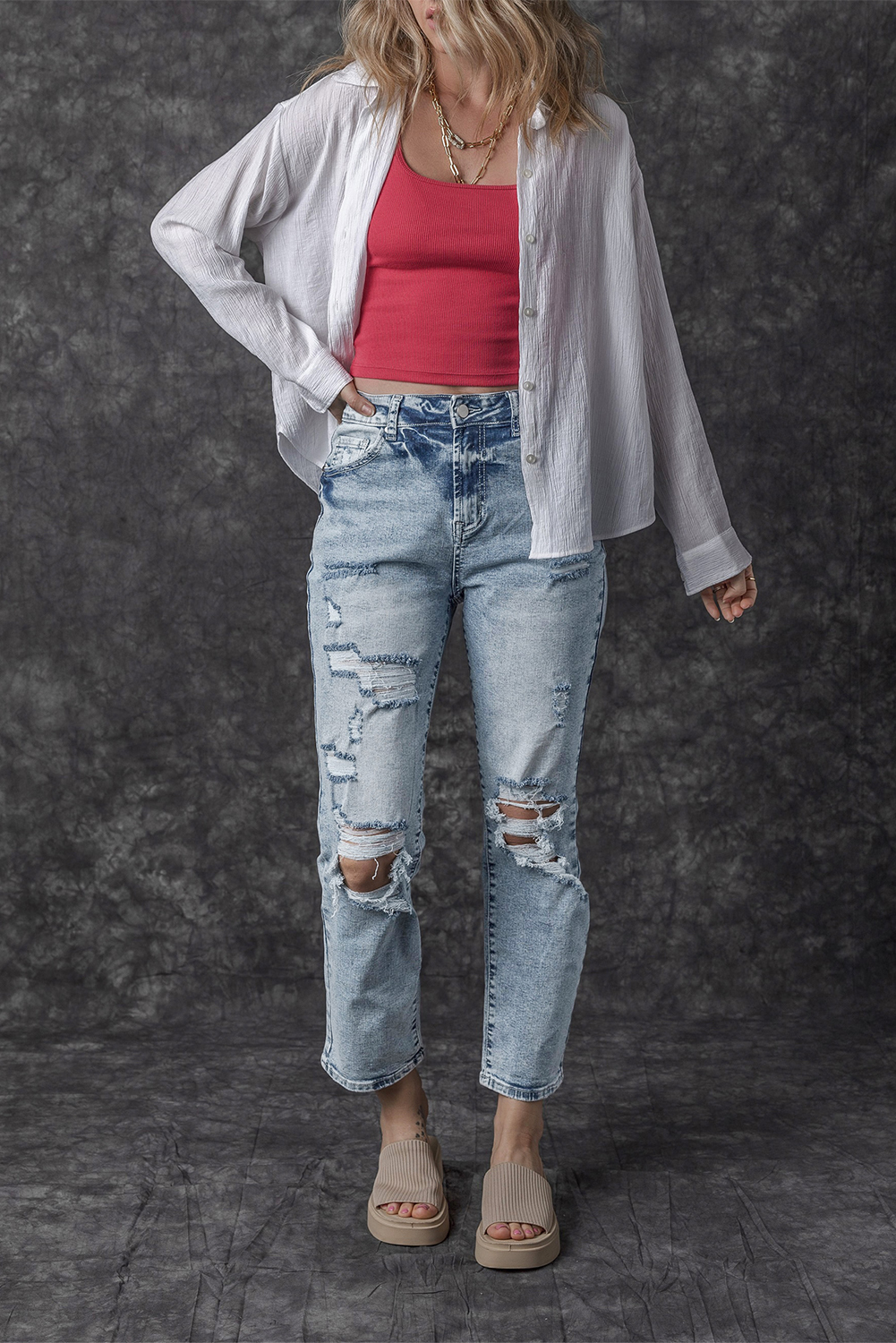 Sky Blue Light Wash Frayed Slim Fit High Waist Jeans - loveforevers