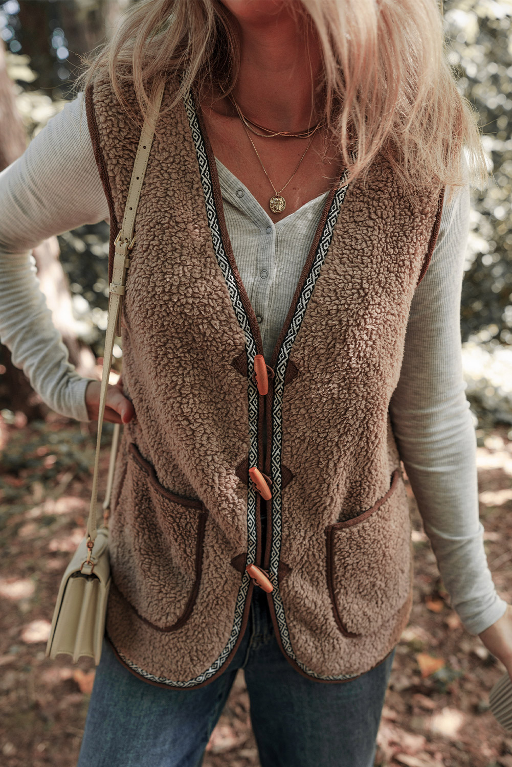 Dark Khaki Sherpa Contrast Trim Patch Pocket Cartridge Toggle Button Vest - loveforevers