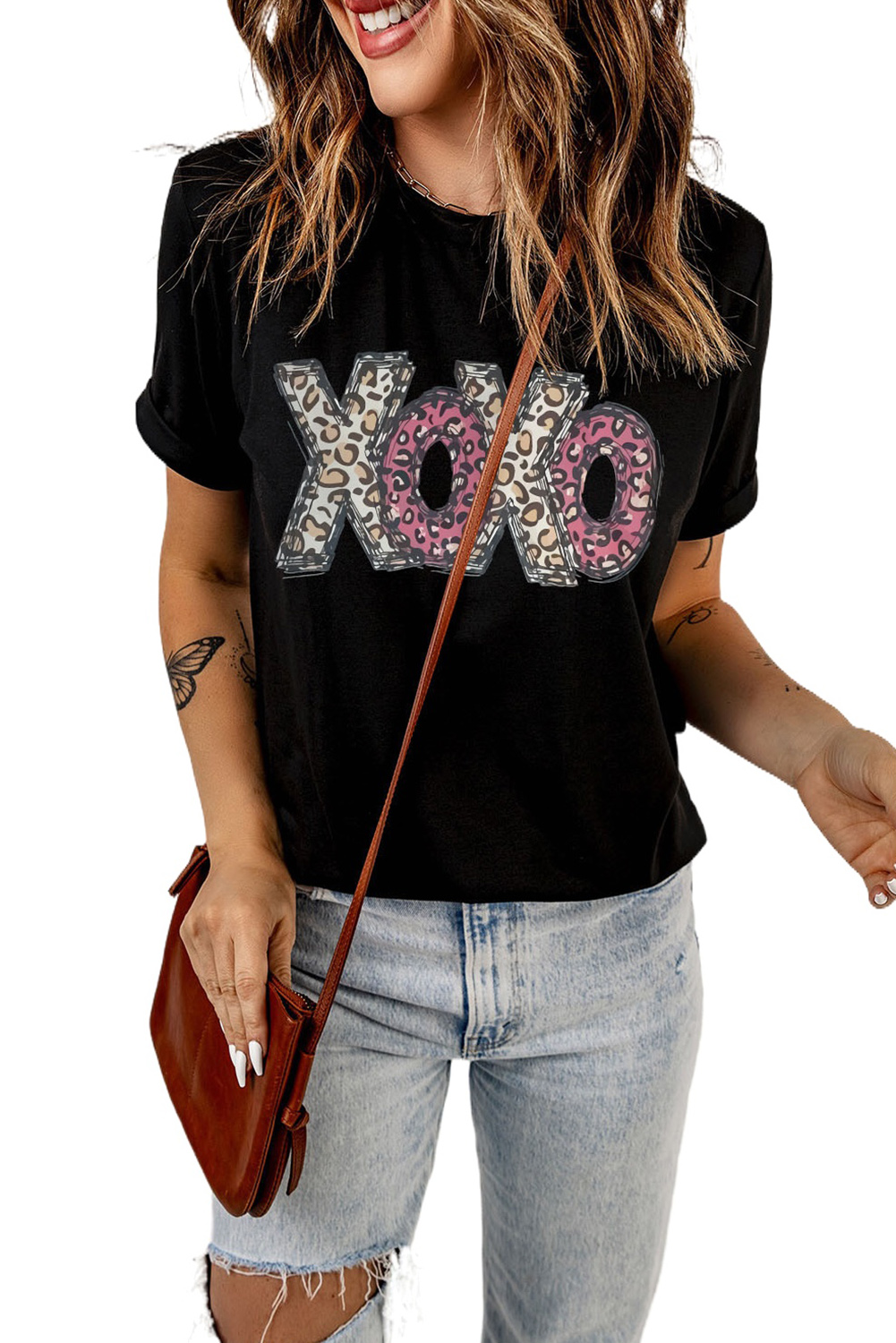 Black Leopard XOXO Print T Shirt - loveforevers