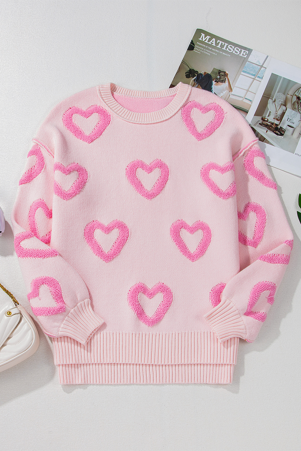 Pink Heart Shape Bubble Sleeve Baggy Sweater - loveforevers