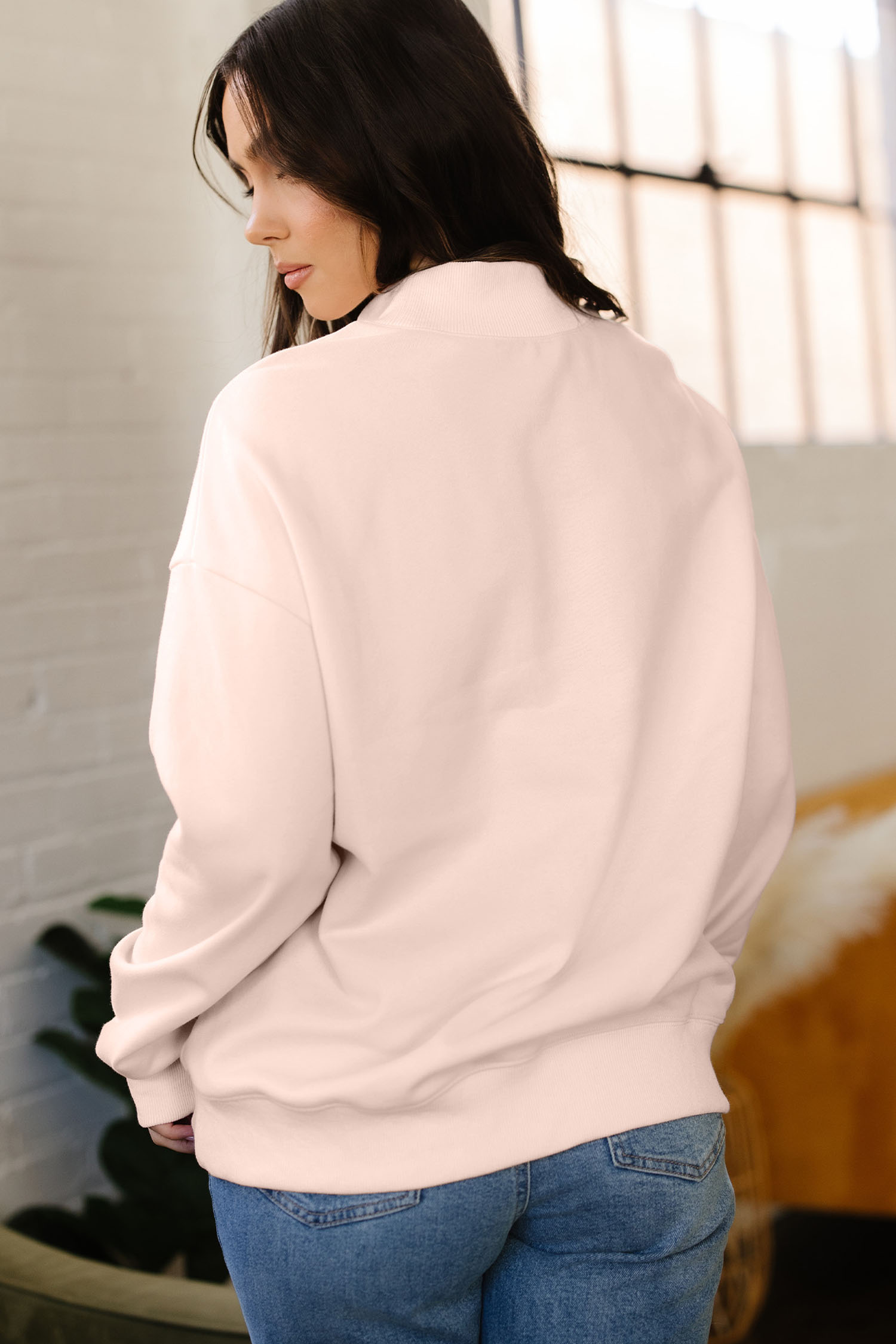 Apricot Pink TEXAS Letter Printed Mock Neck Baggy Sweatshirt - loveforevers