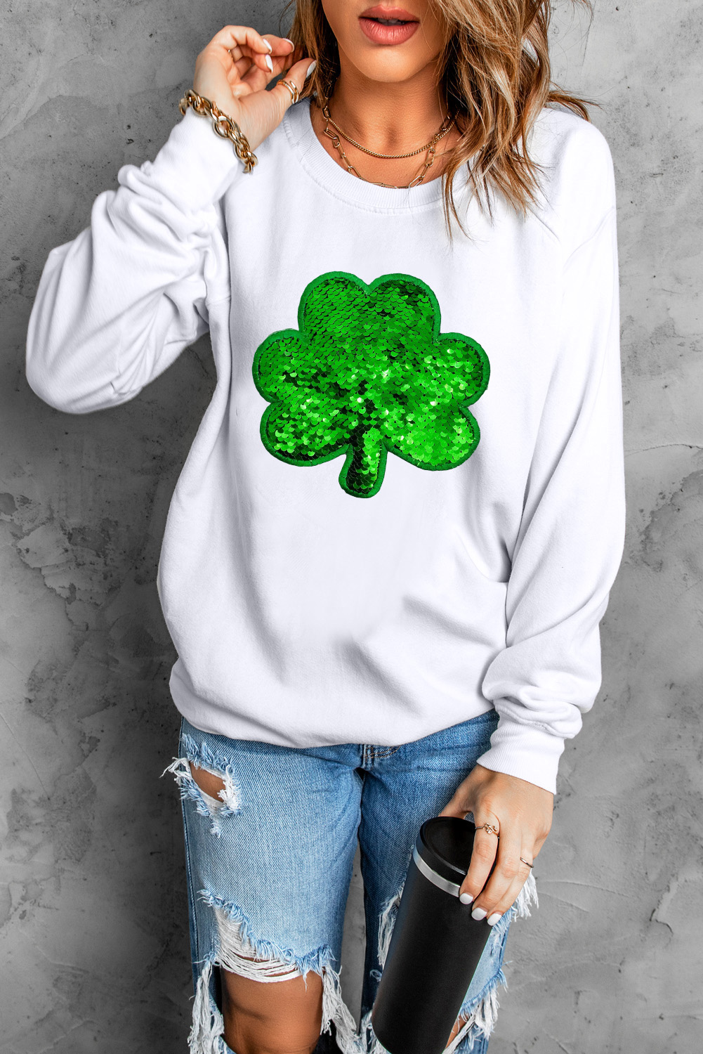 White Sequin Clover Embroidered Drop Shoulder Sweatshirt - loveforevers