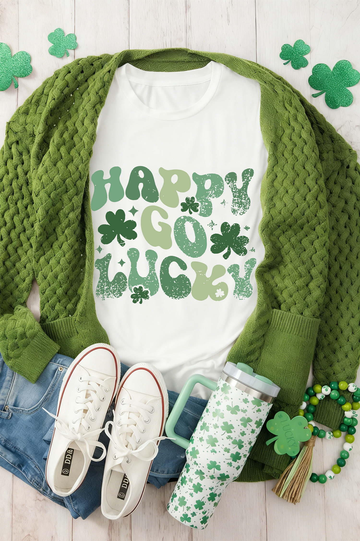 White HAPPY GO LUCKY St Patricks Day Graphic Tee - loveforevers