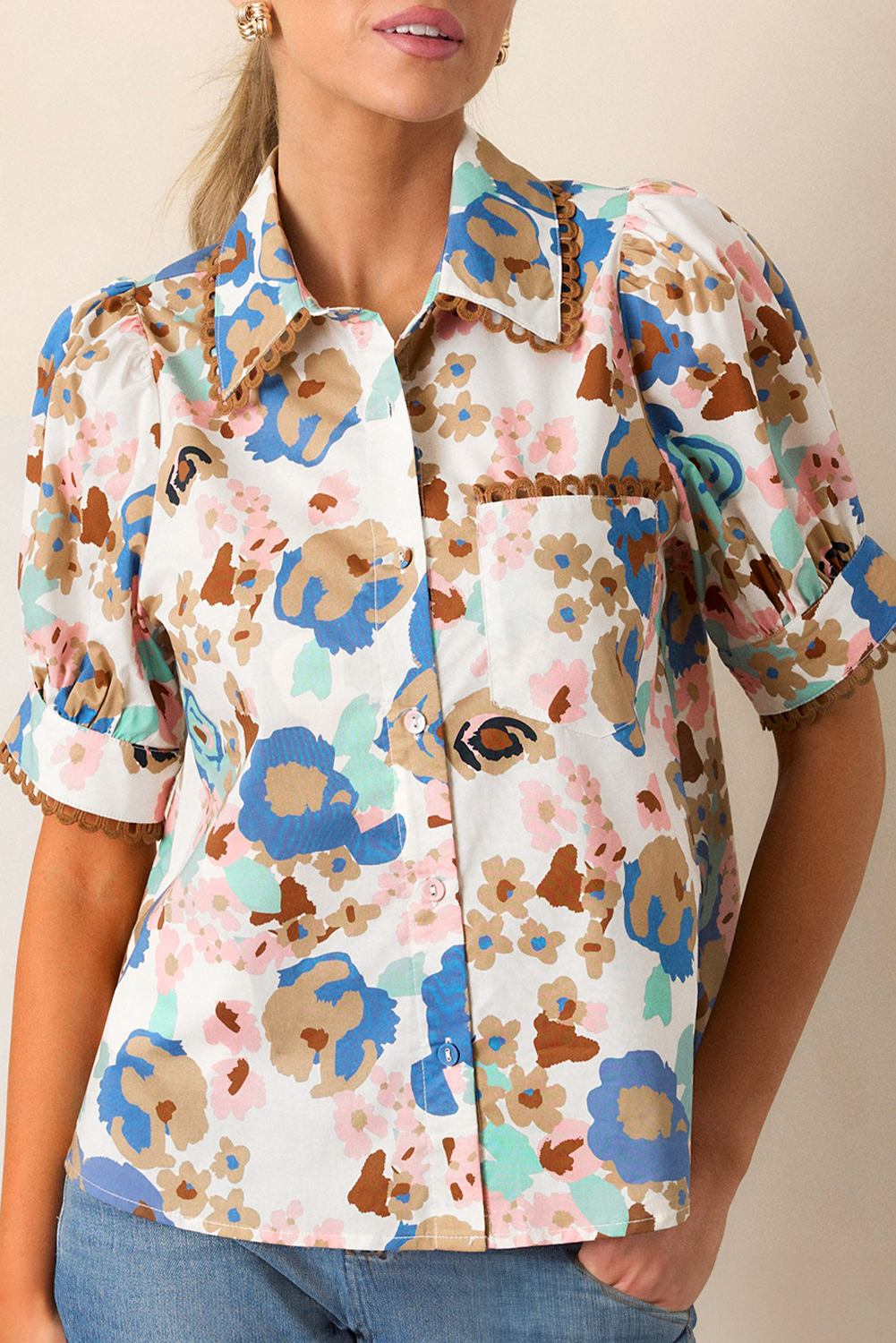 Multicolour Floral Print Ricrac Trim Collared Puff Short Sleeve Shirt - loveforevers