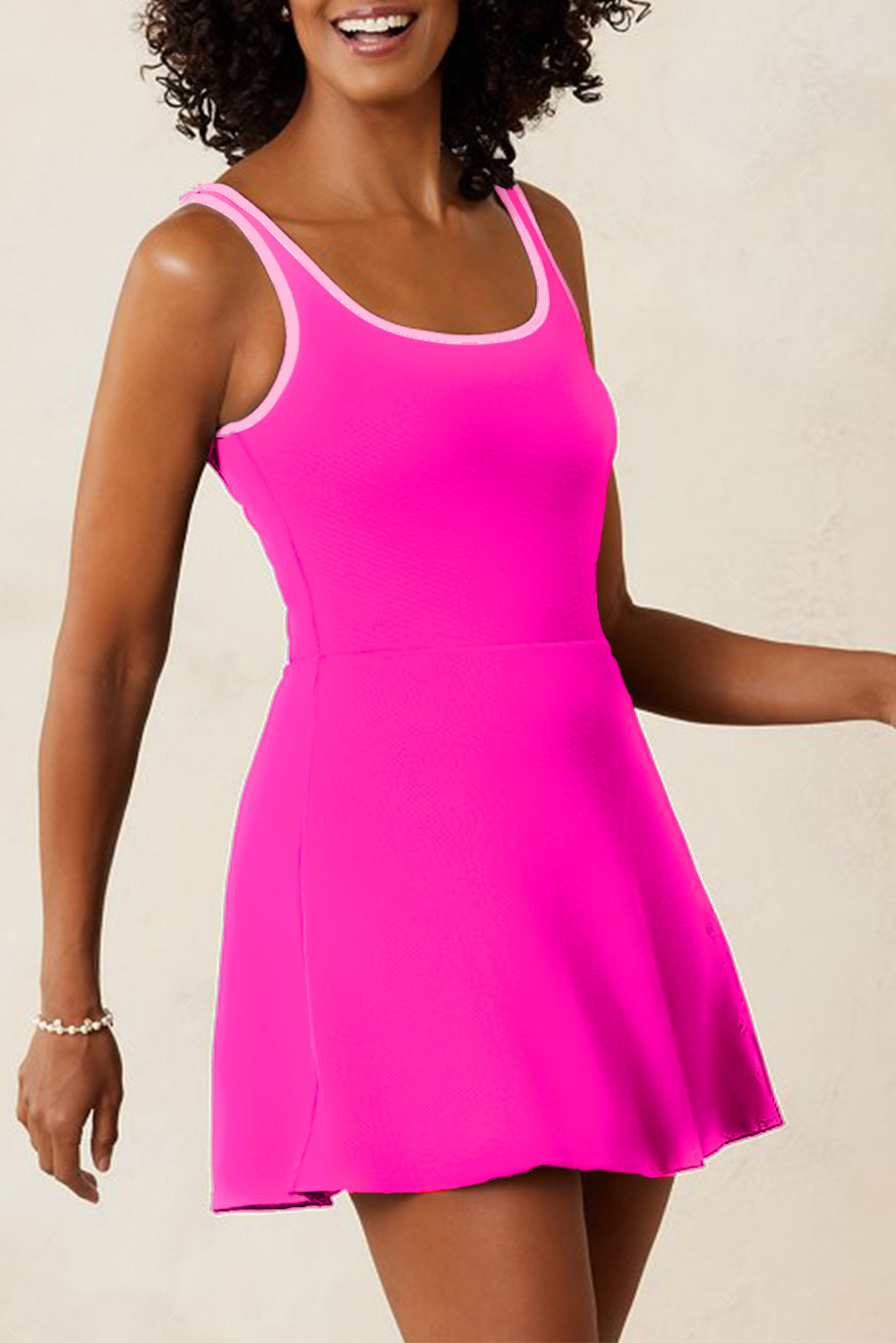 Rose Red Contrast Trim Neckline Active Shorts Attached One Piece Swim Dress - loveforevers