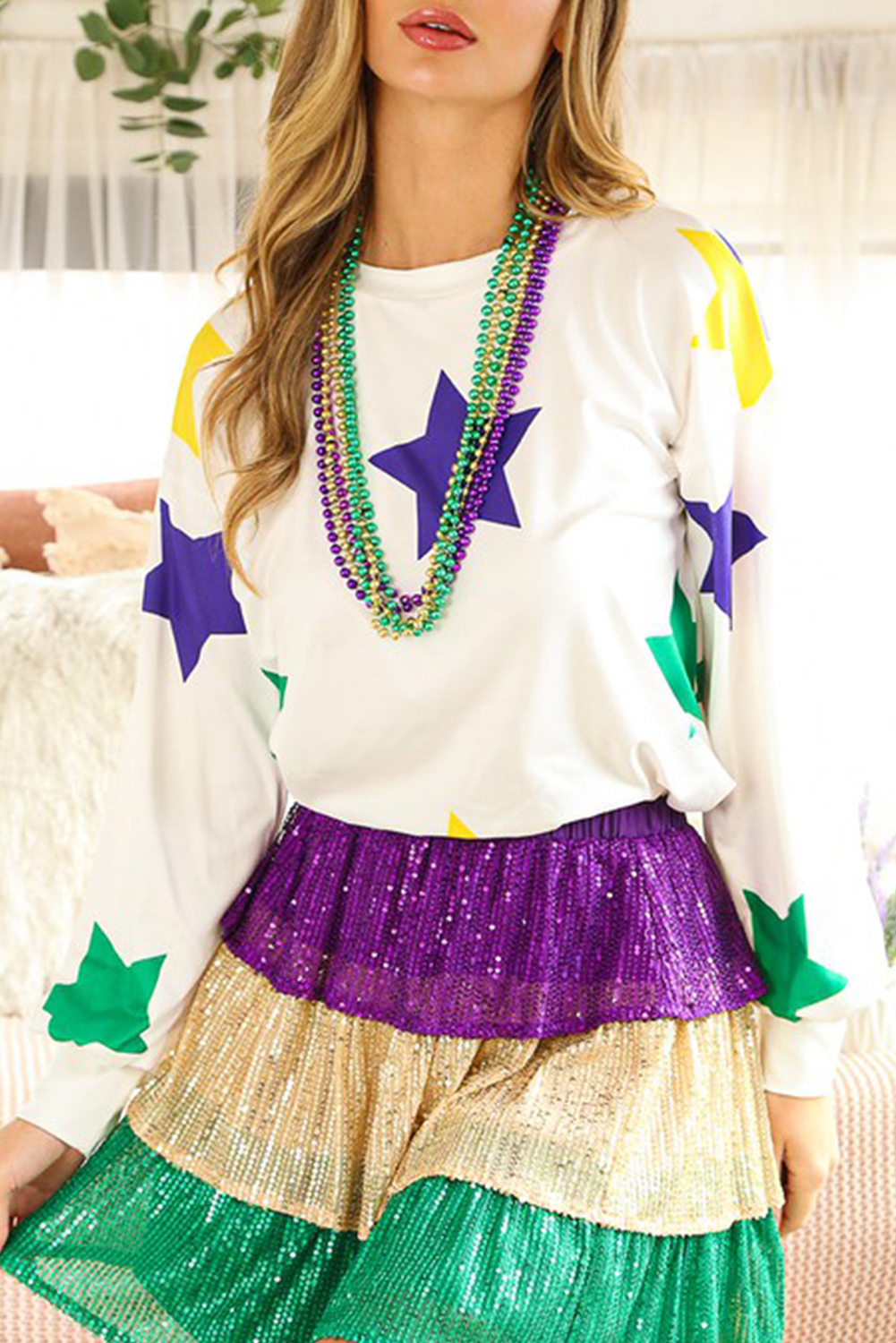 White Mardi Gras Star Printed Long Sleeve Top - loveforevers