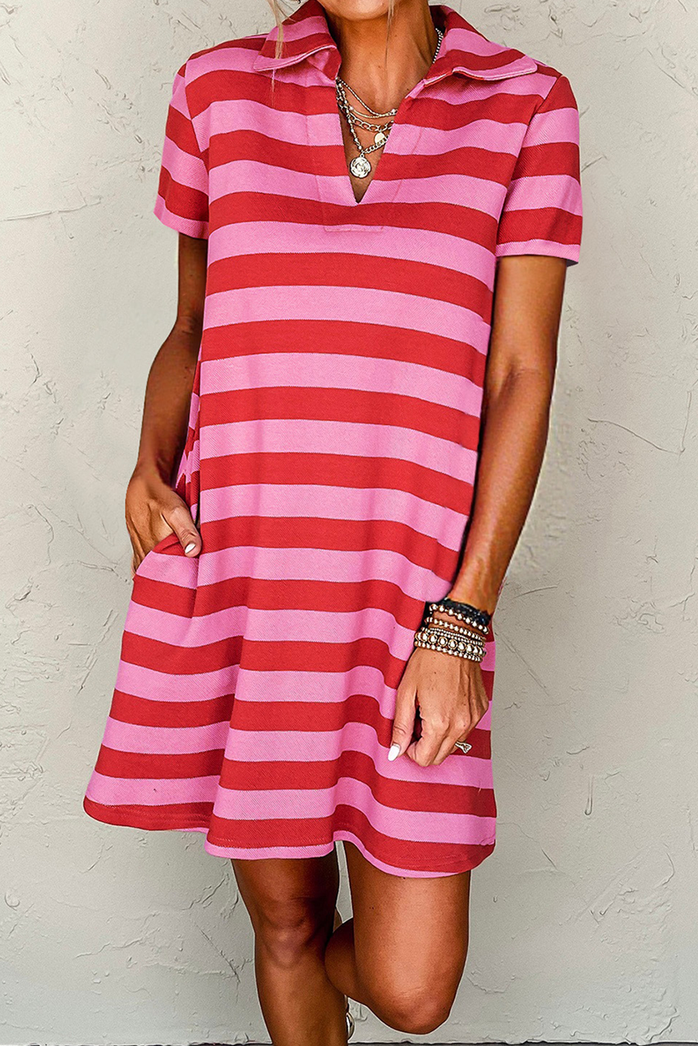 Red Stripe Textured Knit Collared V Neck Shift T Shirt Dress - loveforevers