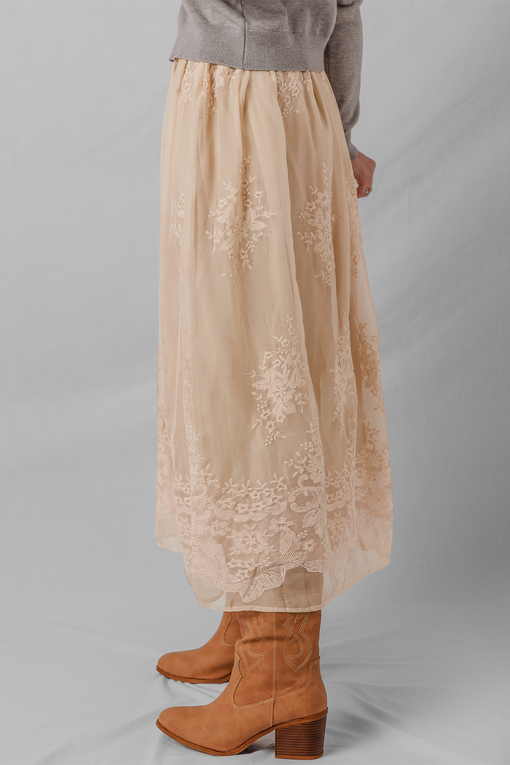 Oatmeal Embroidered Mesh Overlay Flowy Long Skirt - loveforevers
