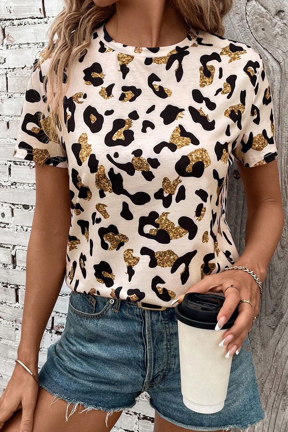 Apricot Leopard Print Round Neck Casual T Shirt - loveforevers