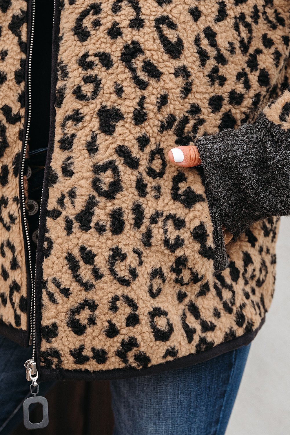 Khaki Leopard Print Zip Up Stand Neck Side Pocket Jacket - loveforevers