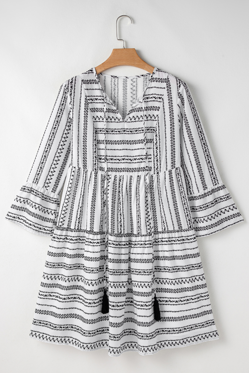 Black Stripe V Neck Bell Sleeve High Waist Mini Dress - loveforevers