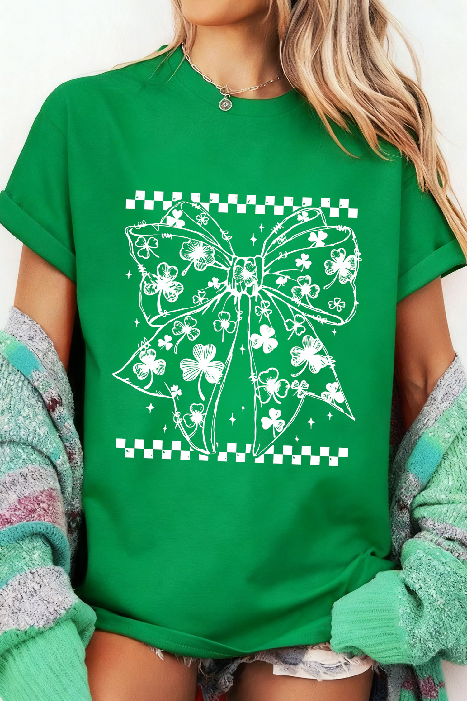Bright Green Cute Clover Bow Checkered Detail Casual T Shirt - loveforevers