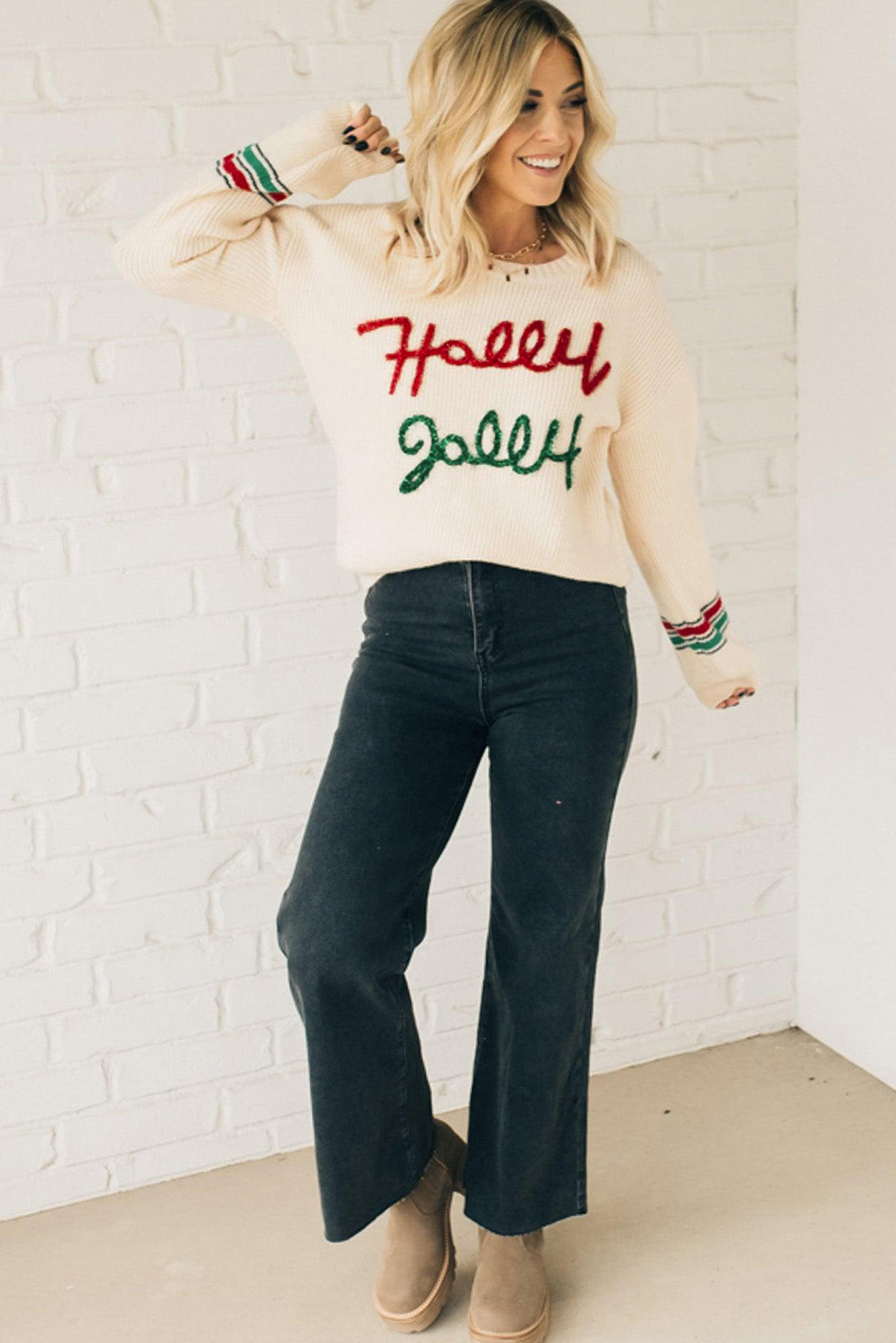 Beige Tinsel Holly Jolly Graphic Classic Sweater - loveforevers