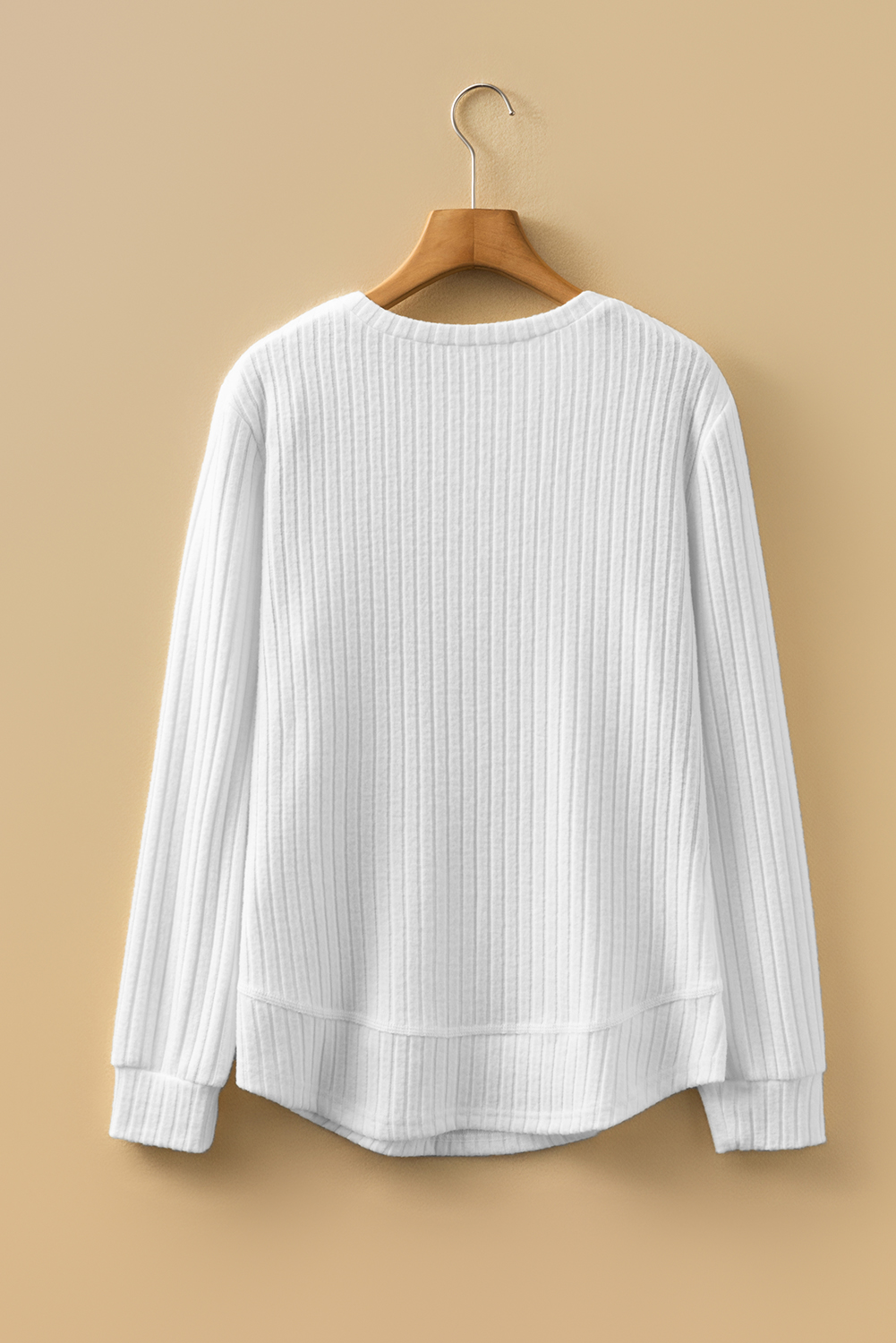 White Ribbed Texture Round Neck Long Sleeve Rounded Hem Knit Top - loveforevers