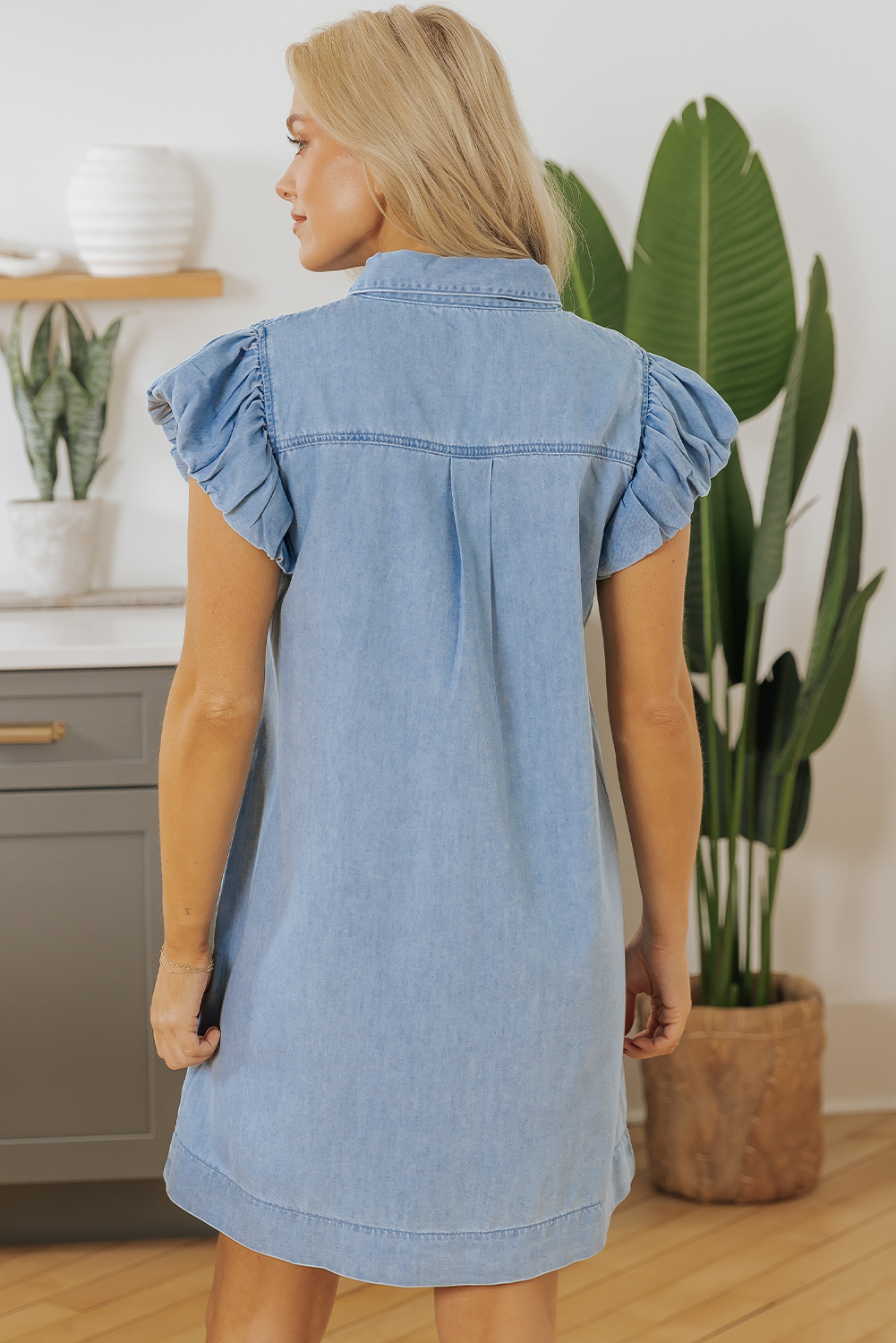 Beau Blue Flutter Sleeve Shirred Detail Button Up Denim Mini Dress - loveforevers