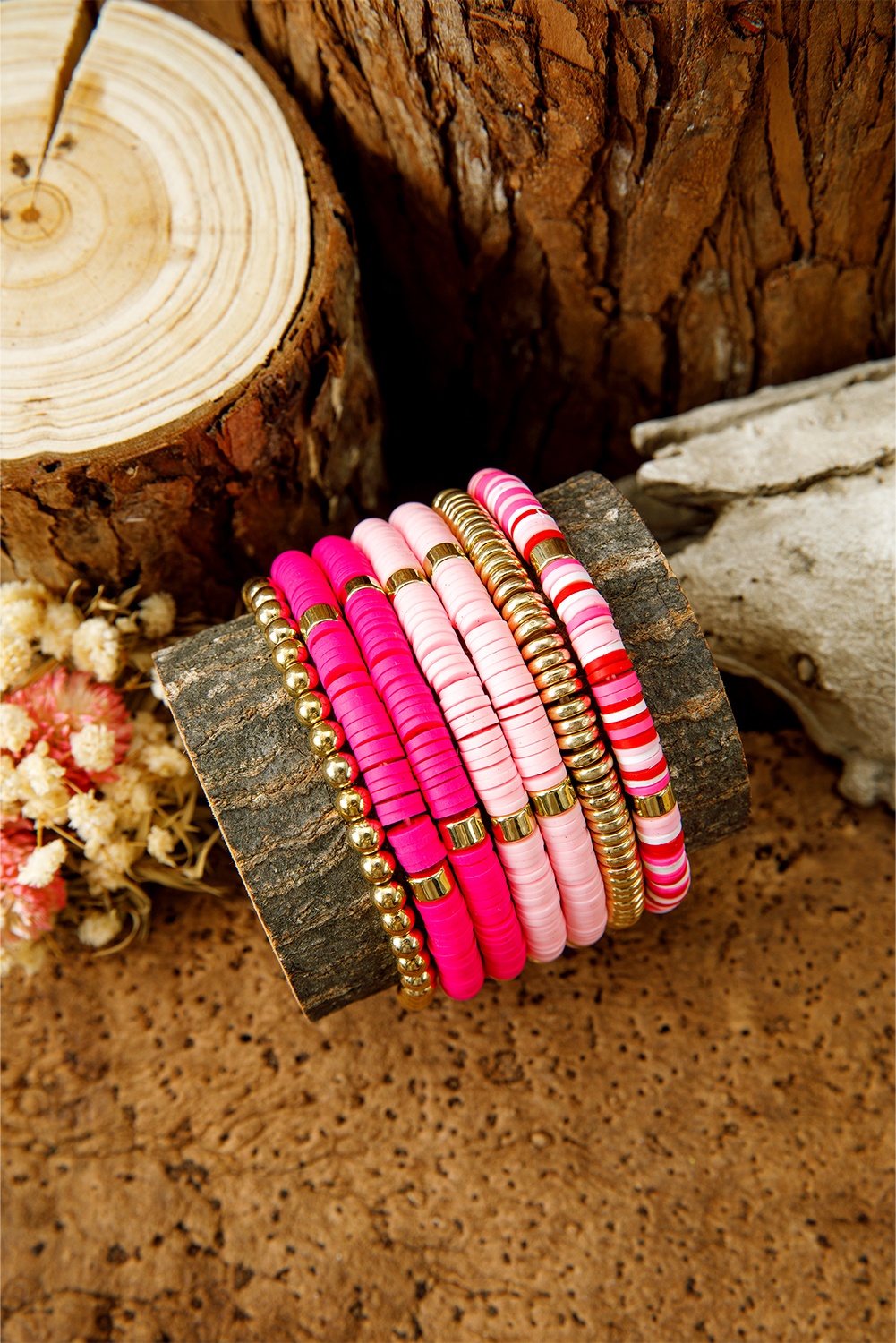 Bright Pink 7pcs Gold Plated Clay Beading Multi Layered Bracelet Set - loveforevers