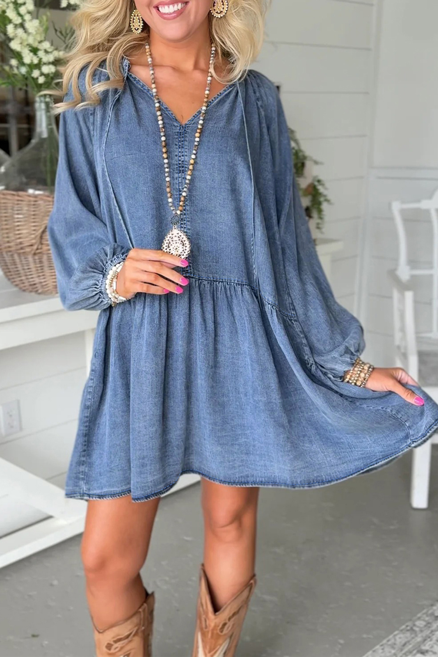 Myosotis Puff Sleeve V Neck Ruffled Loose Denim Mini Dress - loveforevers