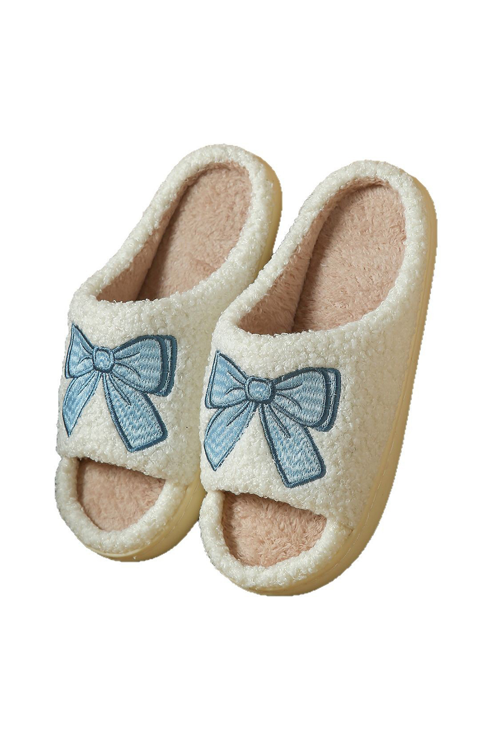 Light Blue Bow Embroidered Open Toe Plush Slippers - loveforevers