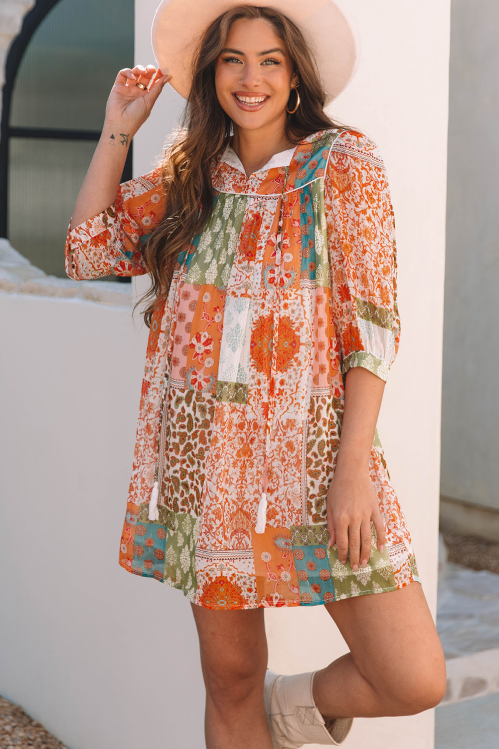 Orange Boho Paisley Mixed Print 3/4 Sleeve Chiffon Loose Dress - loveforevers