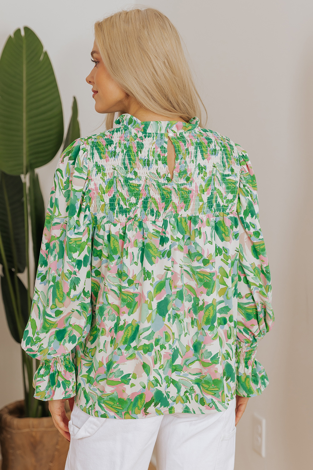 Green Leafy Printed Flounce Sleeve Shirred Mock Neck Blouse - loveforevers